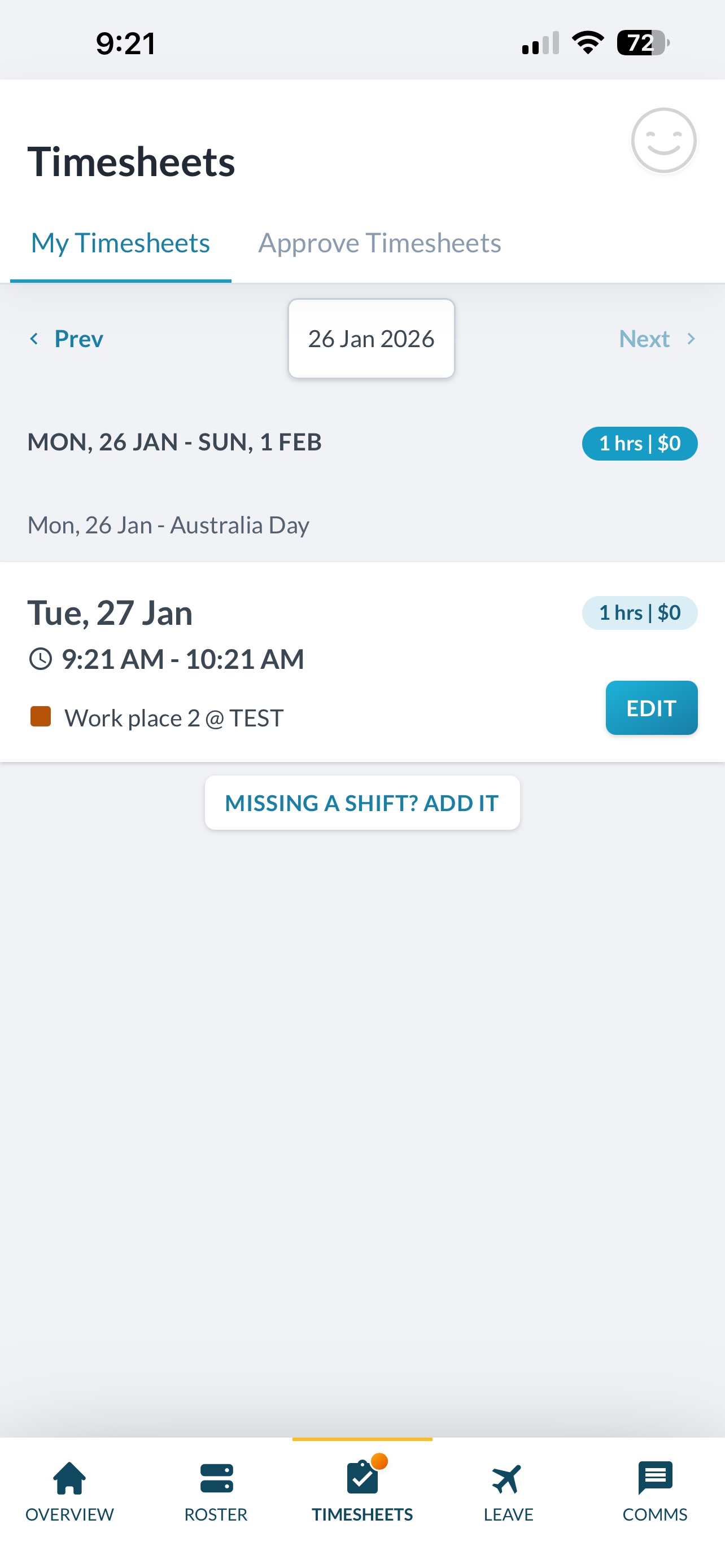 Tanda app timesheets screen