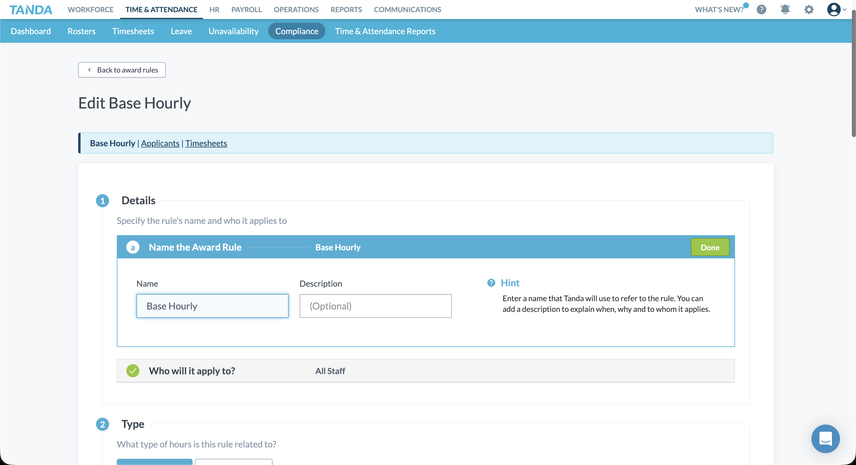 Tanda award rule setup screen showing base hourly rate configuration with hints