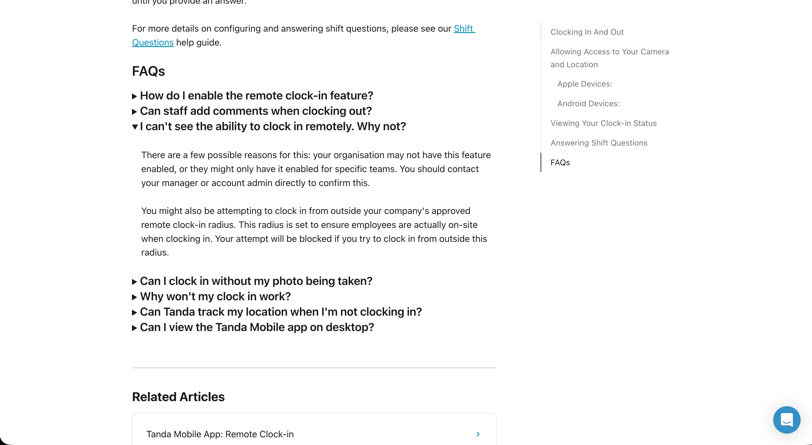 Tanda help centre FAQ section for clock-in questions