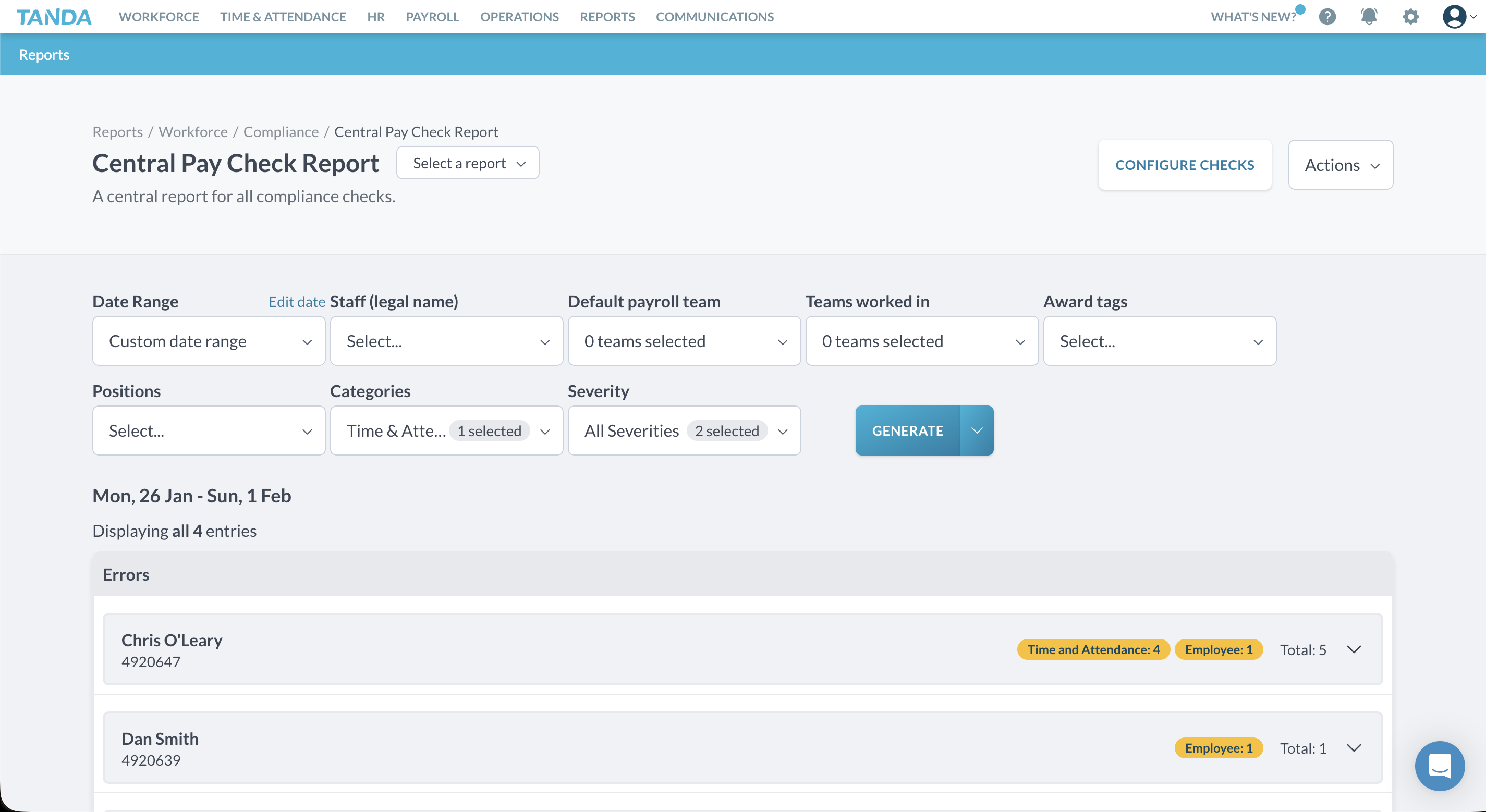 Tanda Central Pay Check Report showing compliance errors by employee