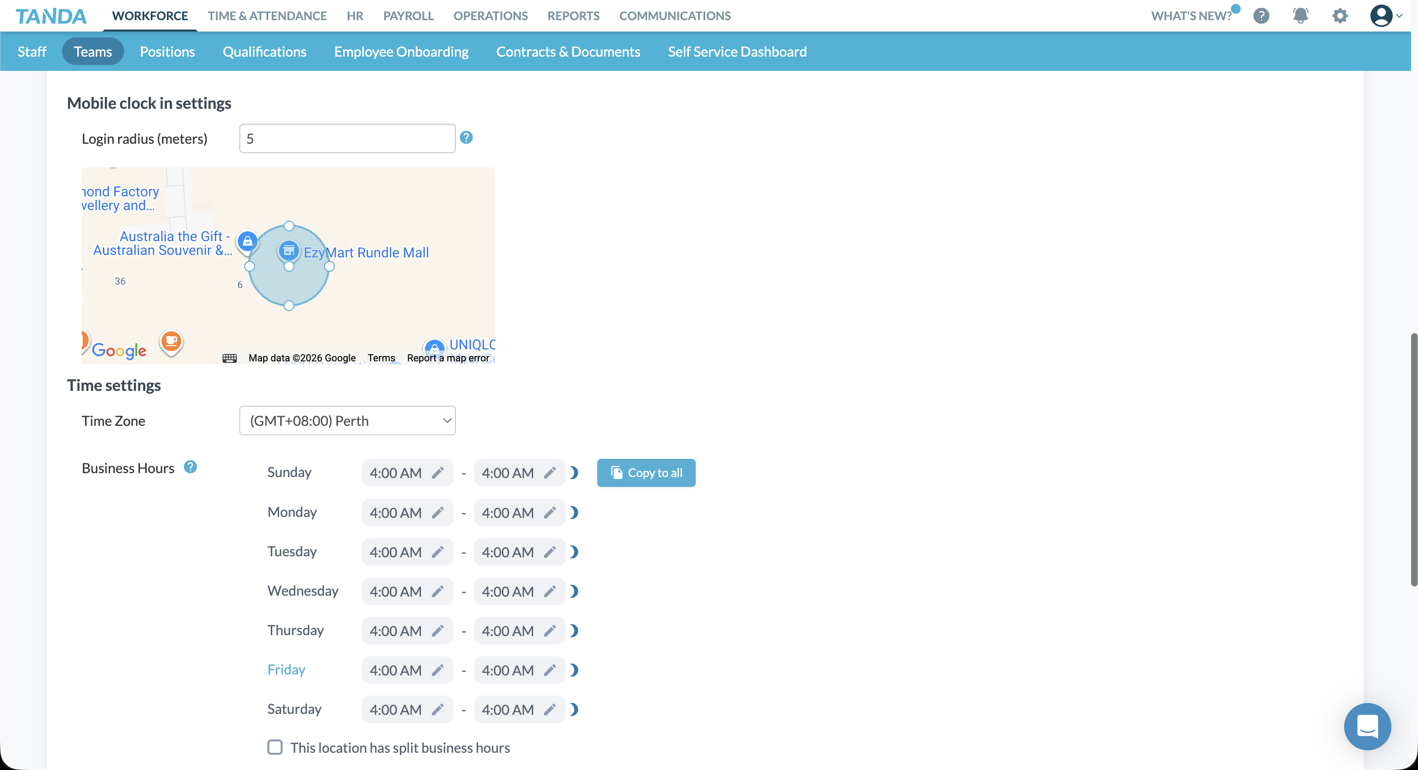 Tanda geofencing settings showing map with login radius and business hours configuration