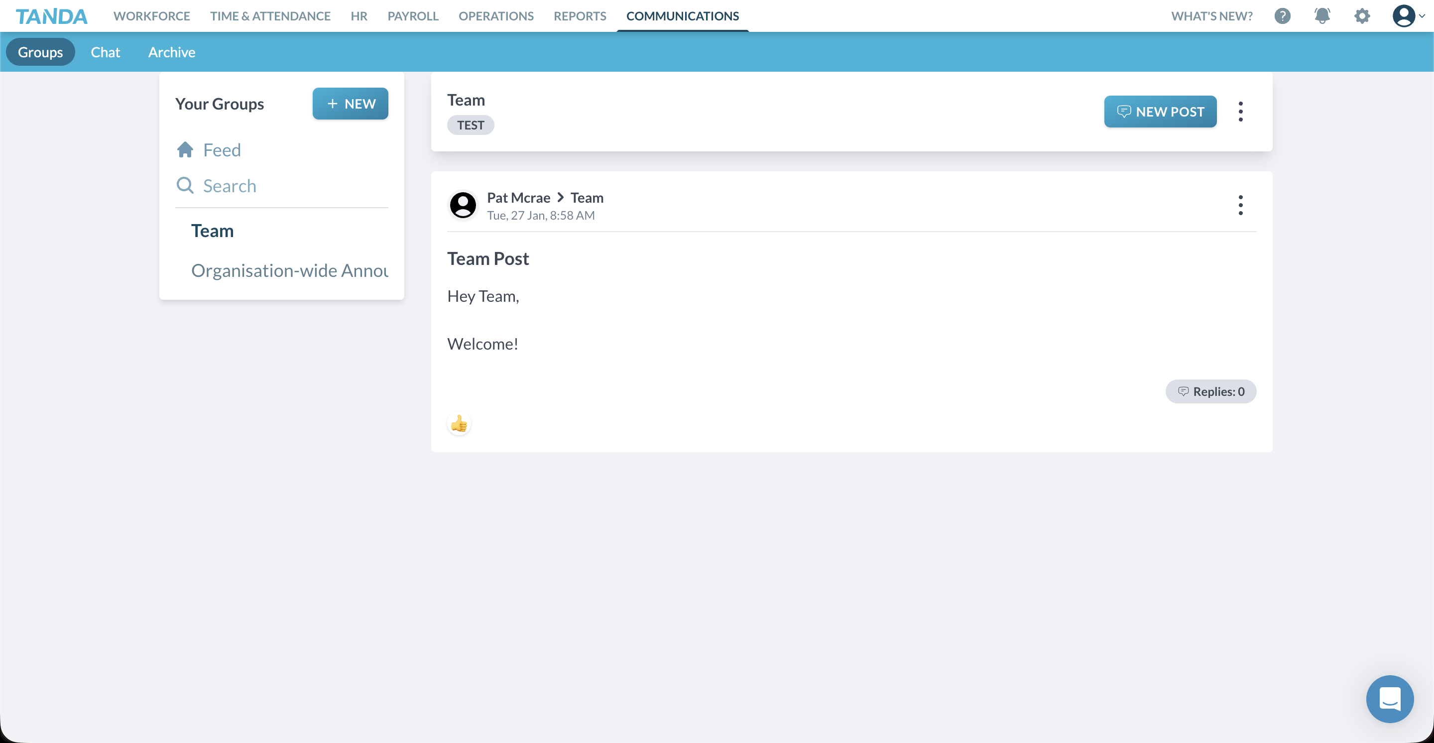 Tanda groups feed showing announcements and posts