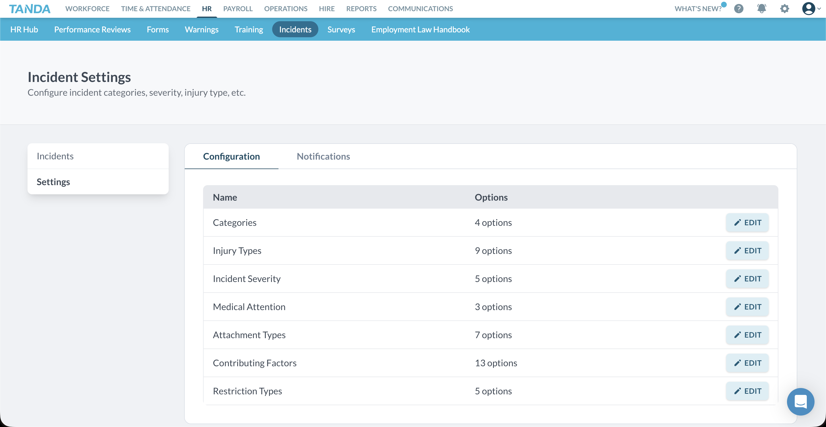 Tanda incident settings configuration