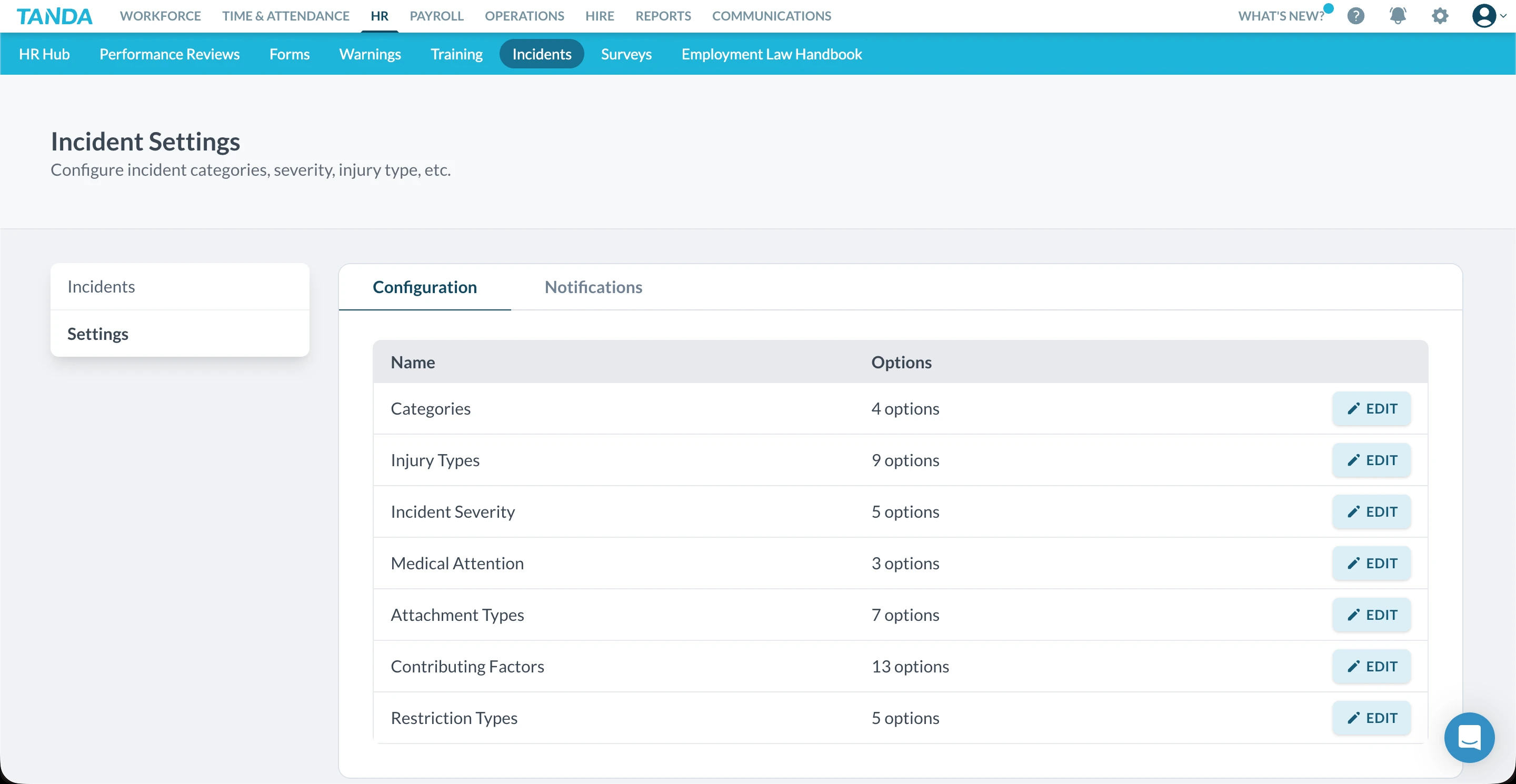 Tanda incident settings configuration