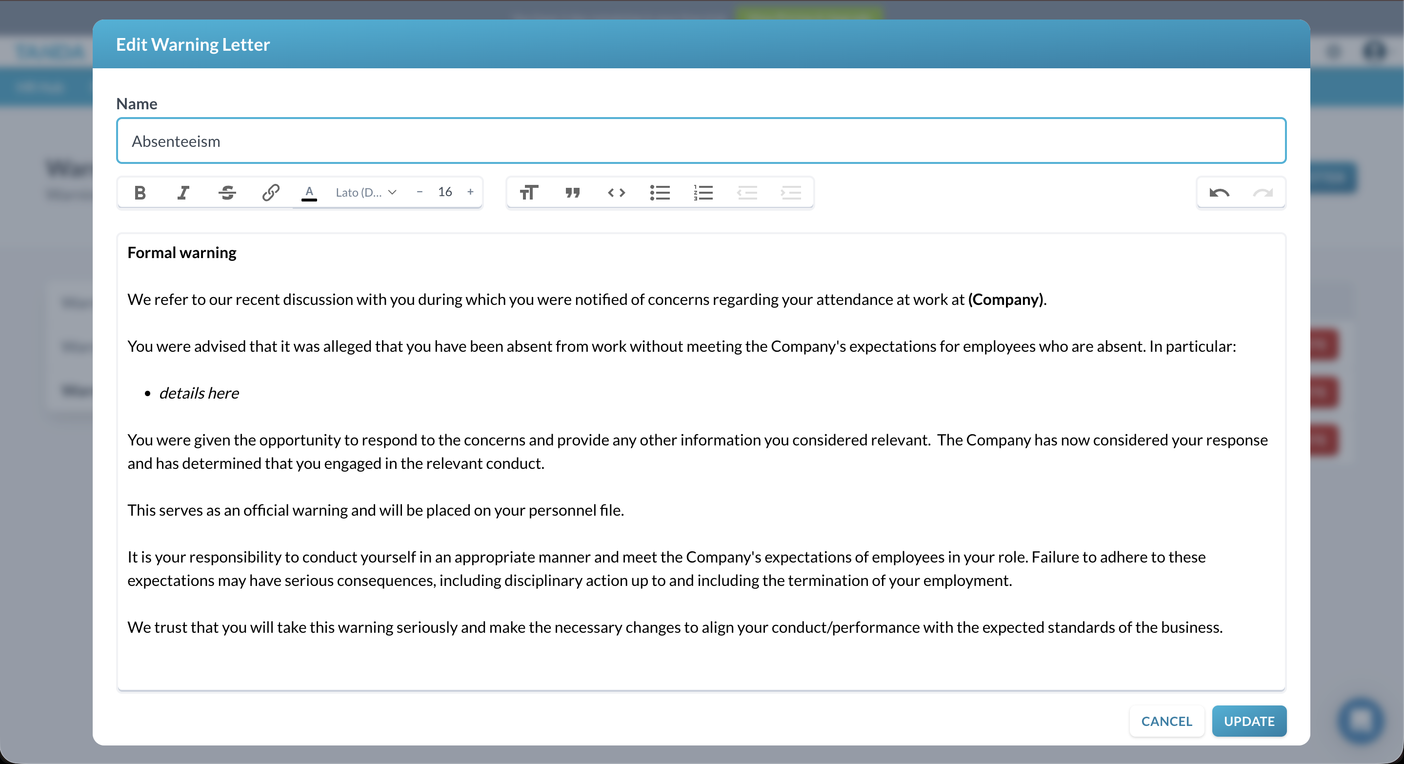 Tanda warning letter editor