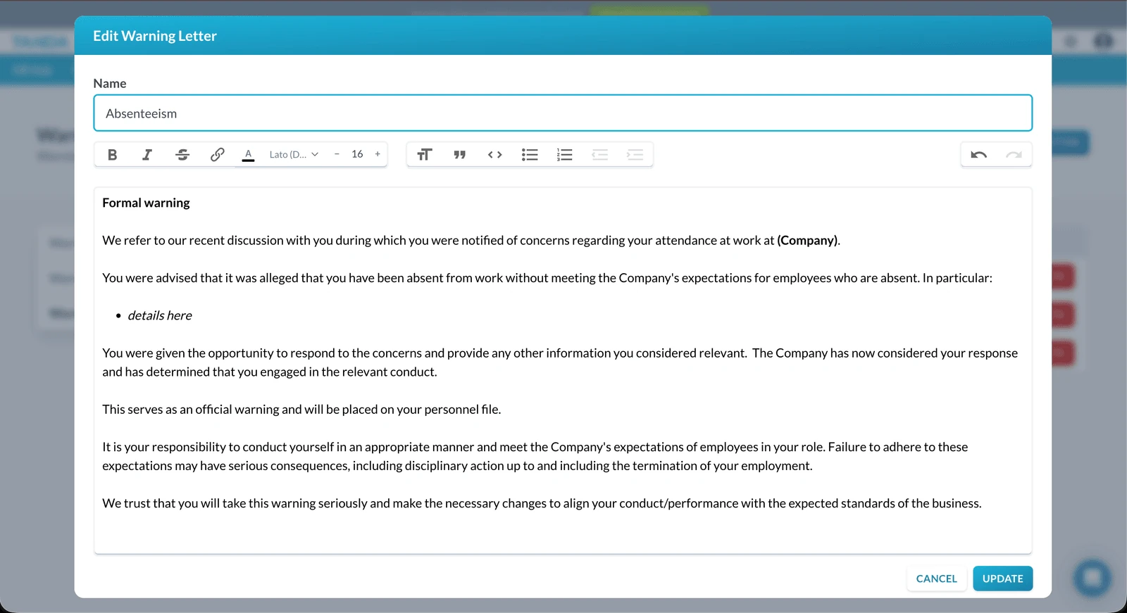 Tanda warning letter editor