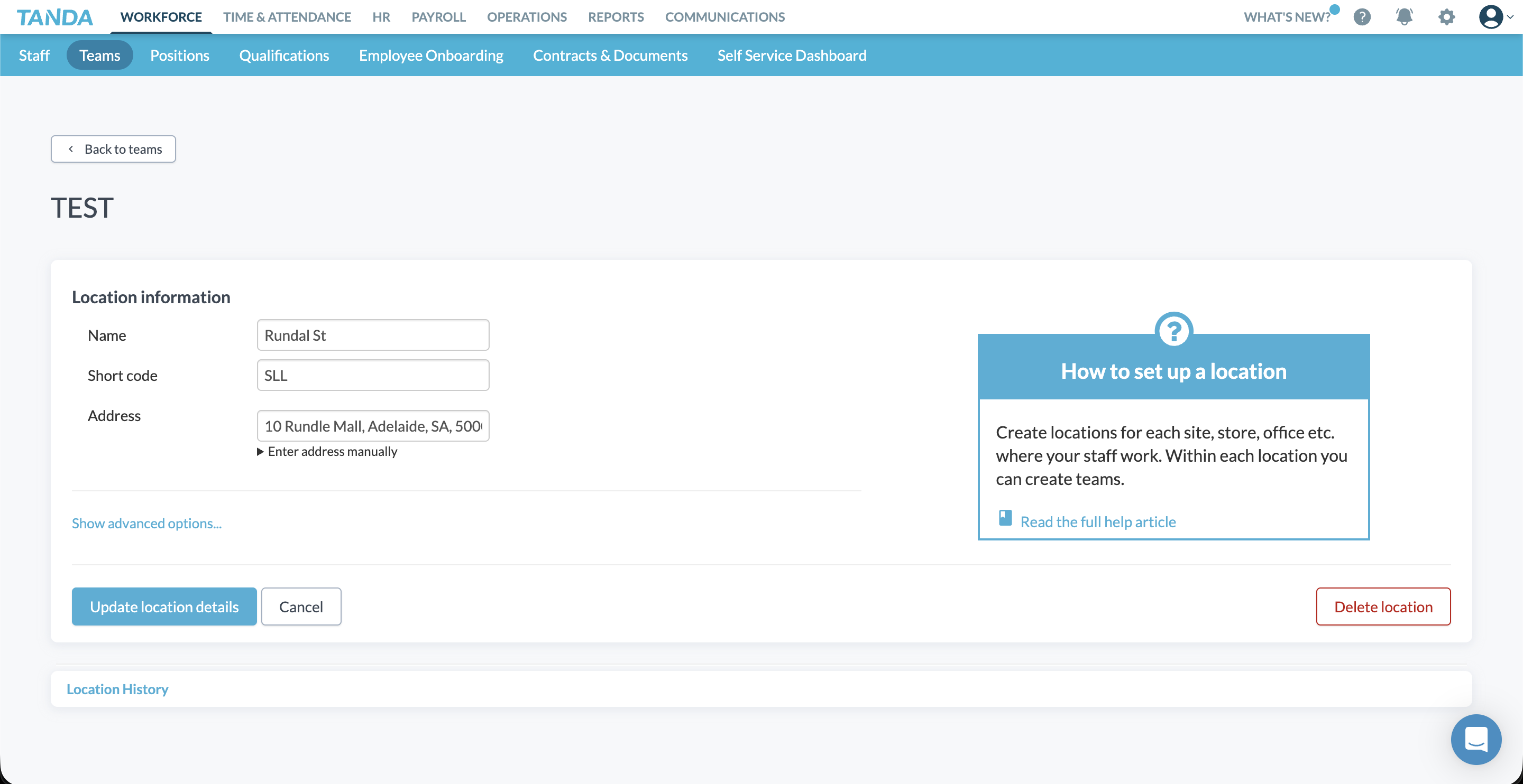 Tanda location setup screen with address configuration and help panel