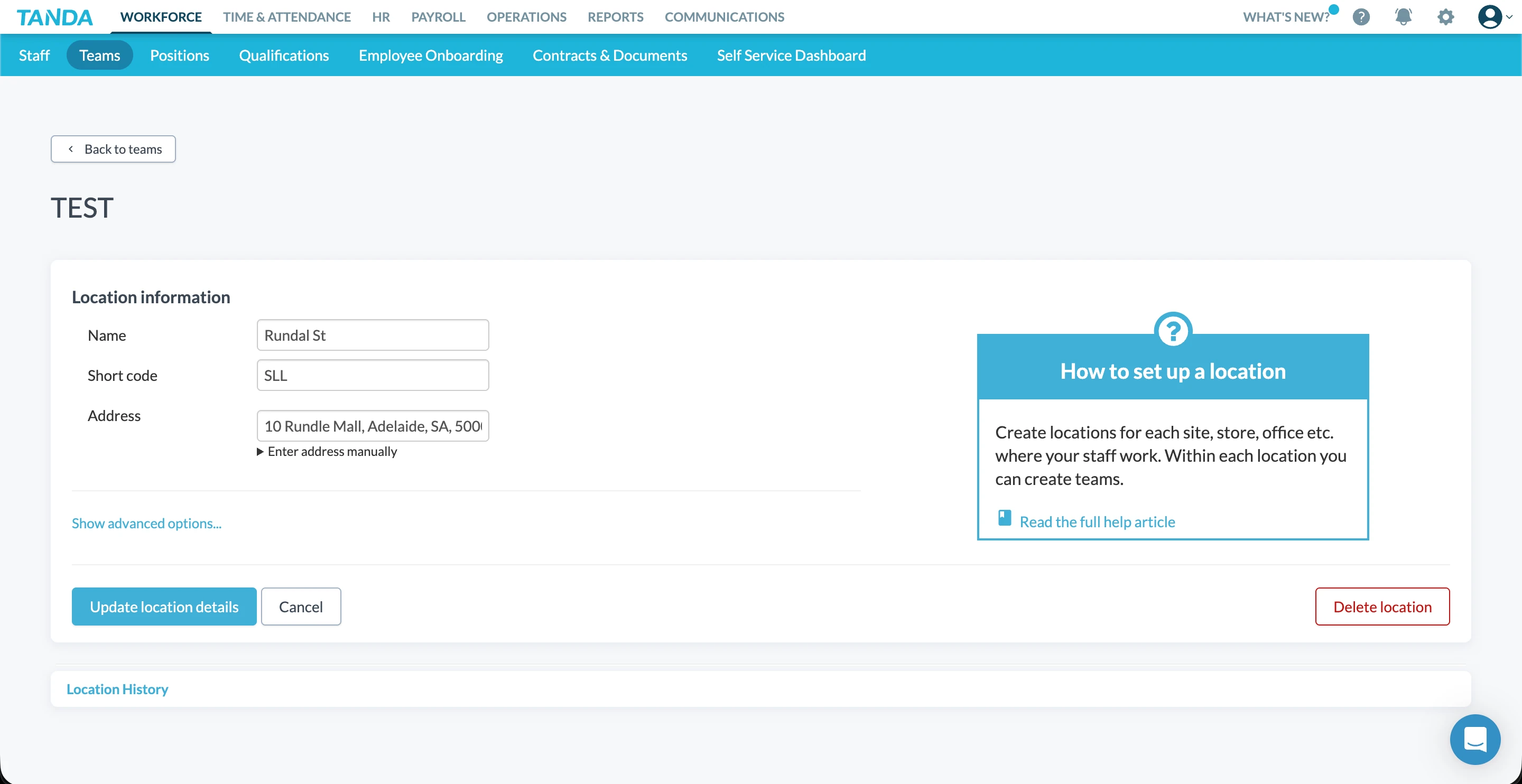 Tanda location setup screen with address configuration and help panel