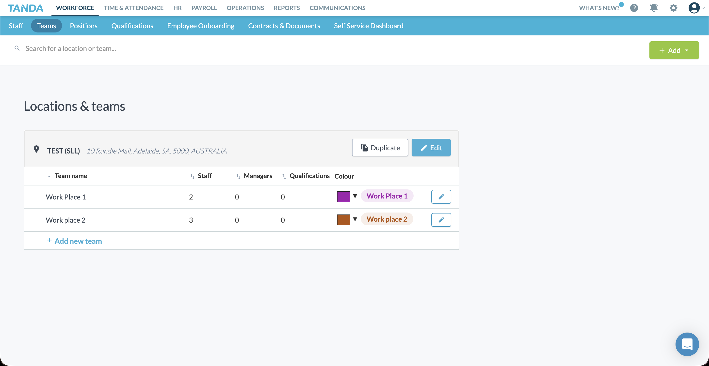 Tanda locations and teams management screen showing team structure