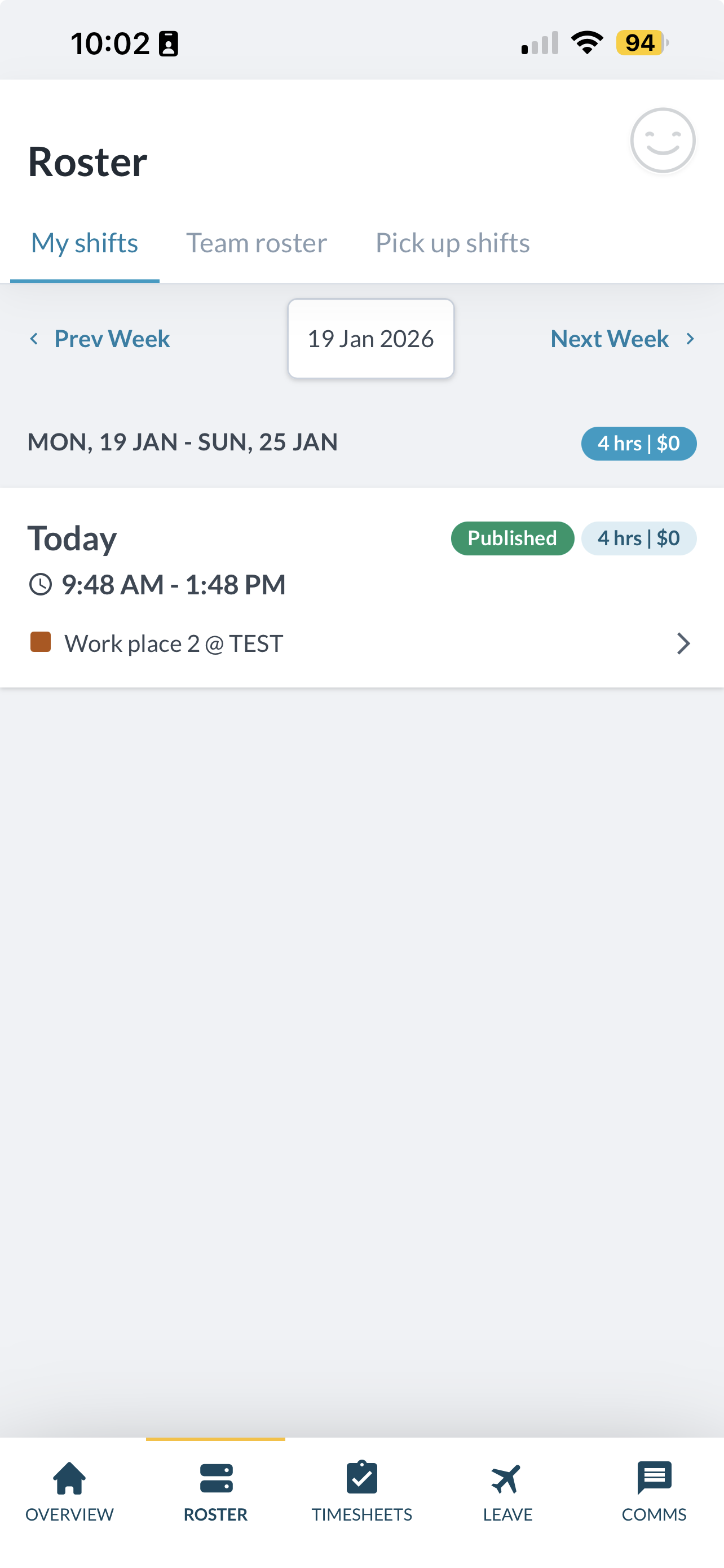 Tanda mobile app showing roster view with shift details and clock-in options
