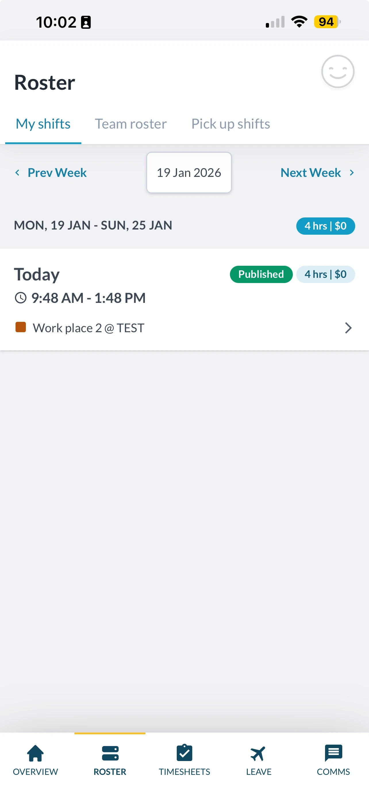 Tanda mobile app showing roster view with shift details and clock-in options