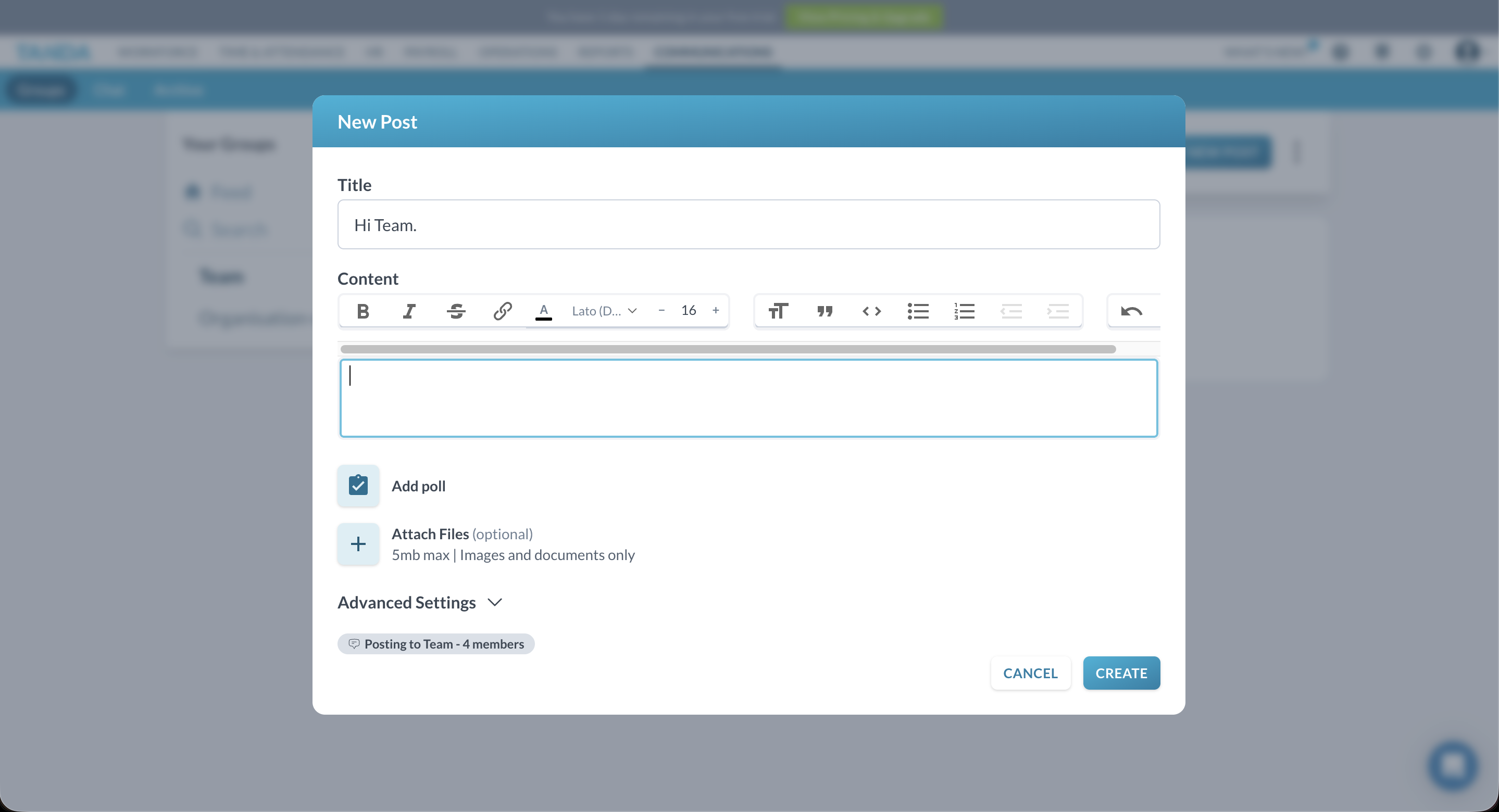New post modal with poll and acknowledgement options