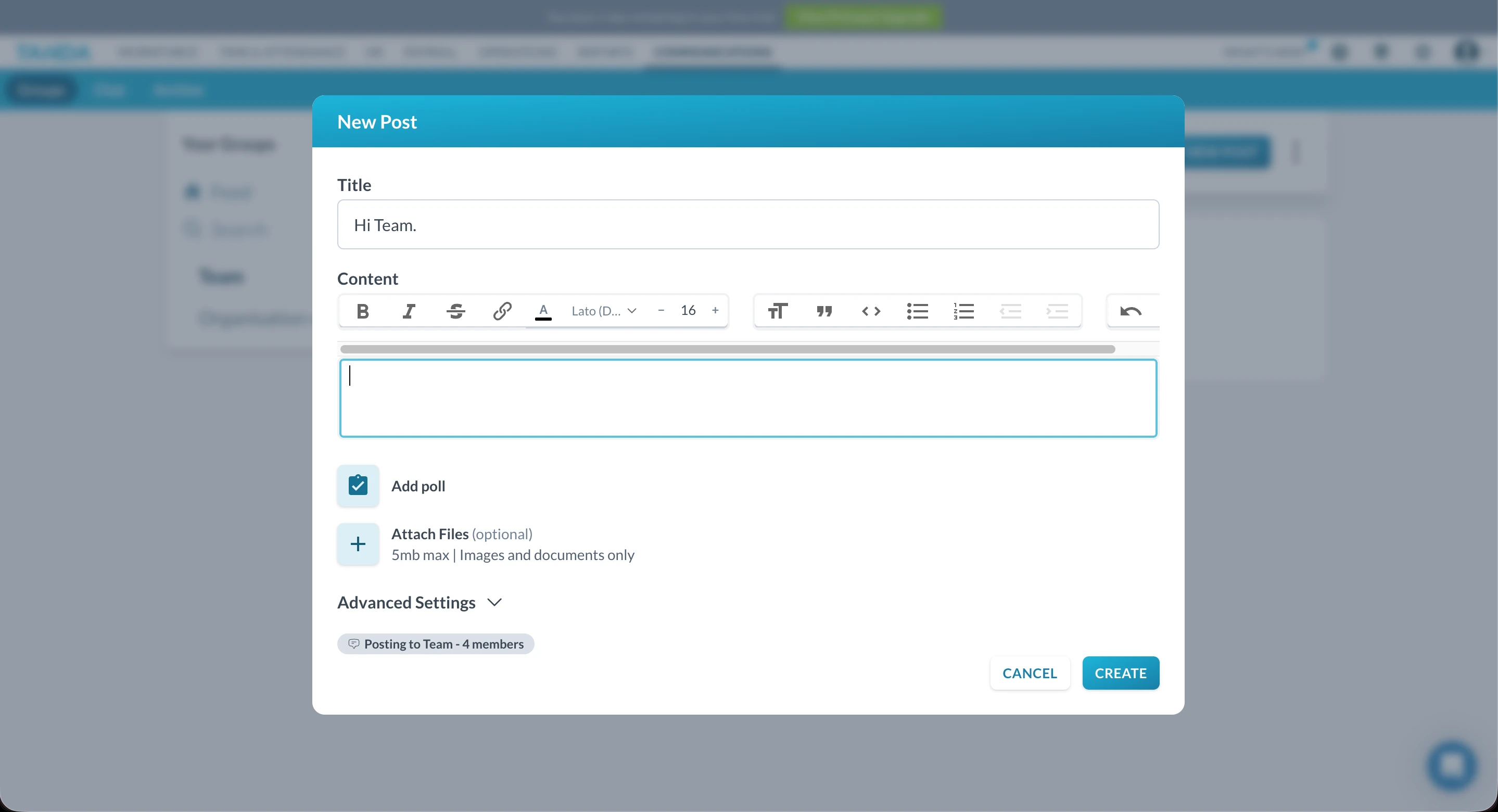 New post modal with poll and acknowledgement options