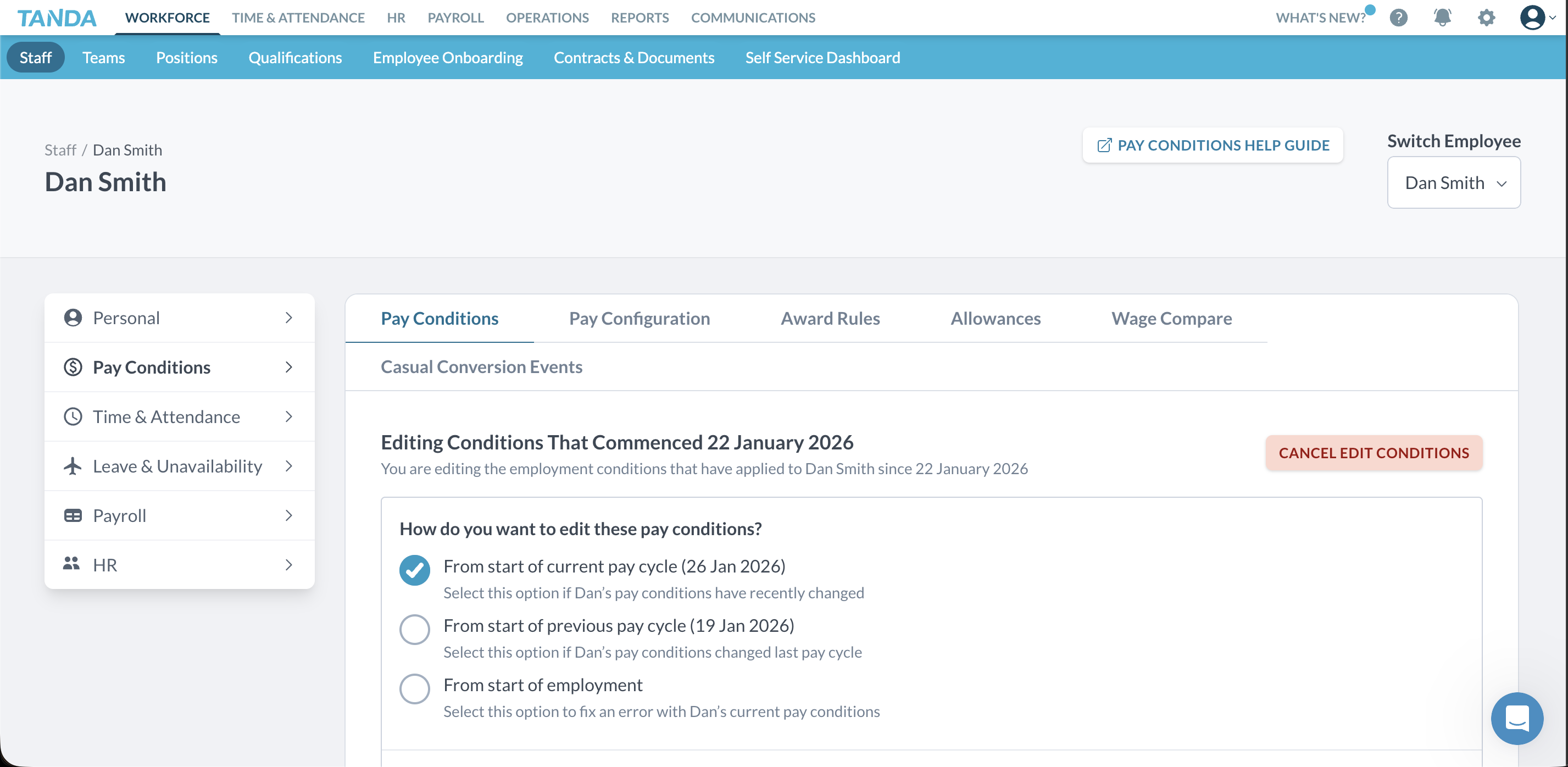 Tanda pay conditions screen showing options to edit employment conditions by pay cycle