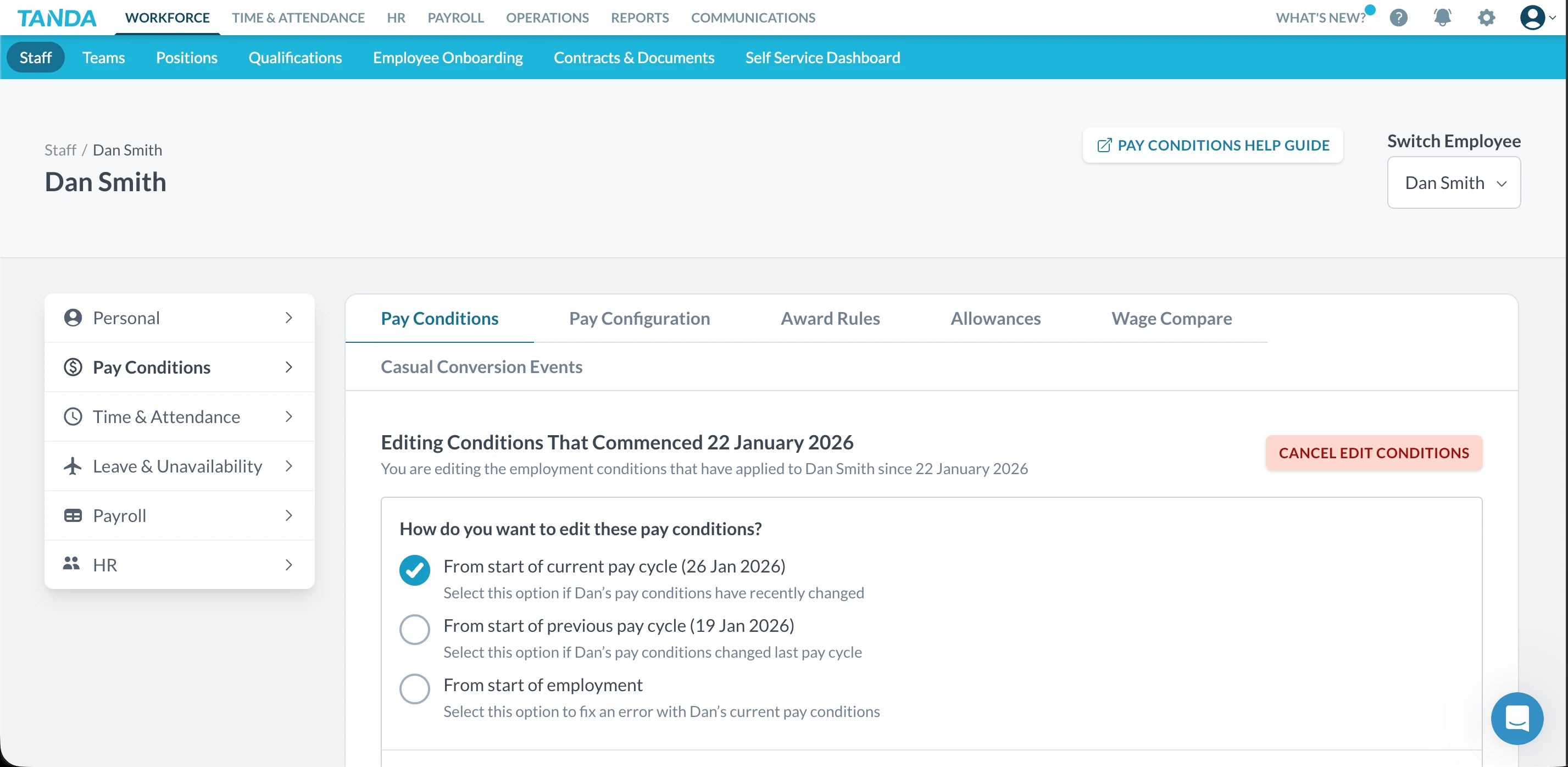 Tanda pay conditions screen showing options to edit employment conditions by pay cycle