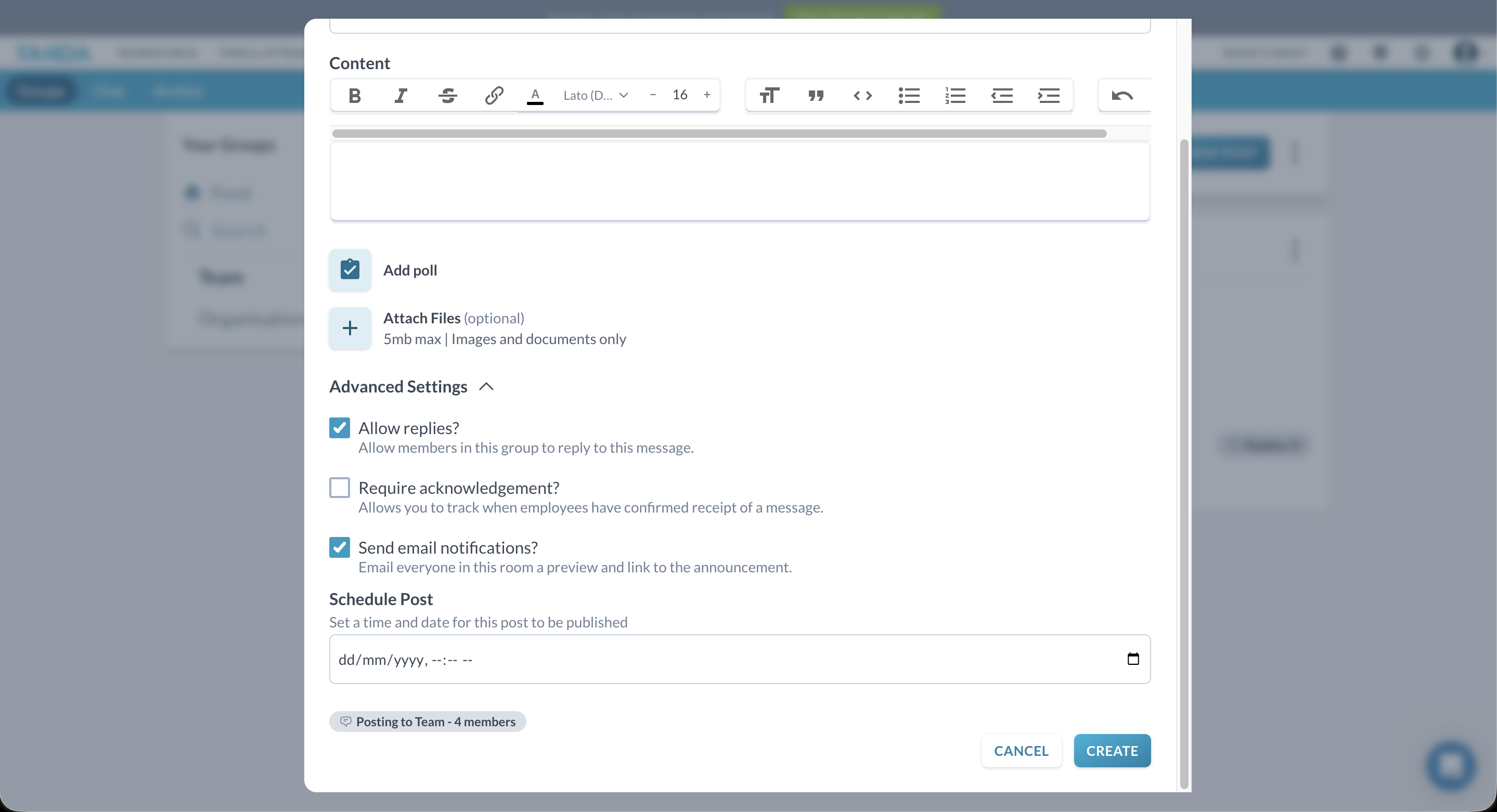 Advanced post settings showing visibility and notification options