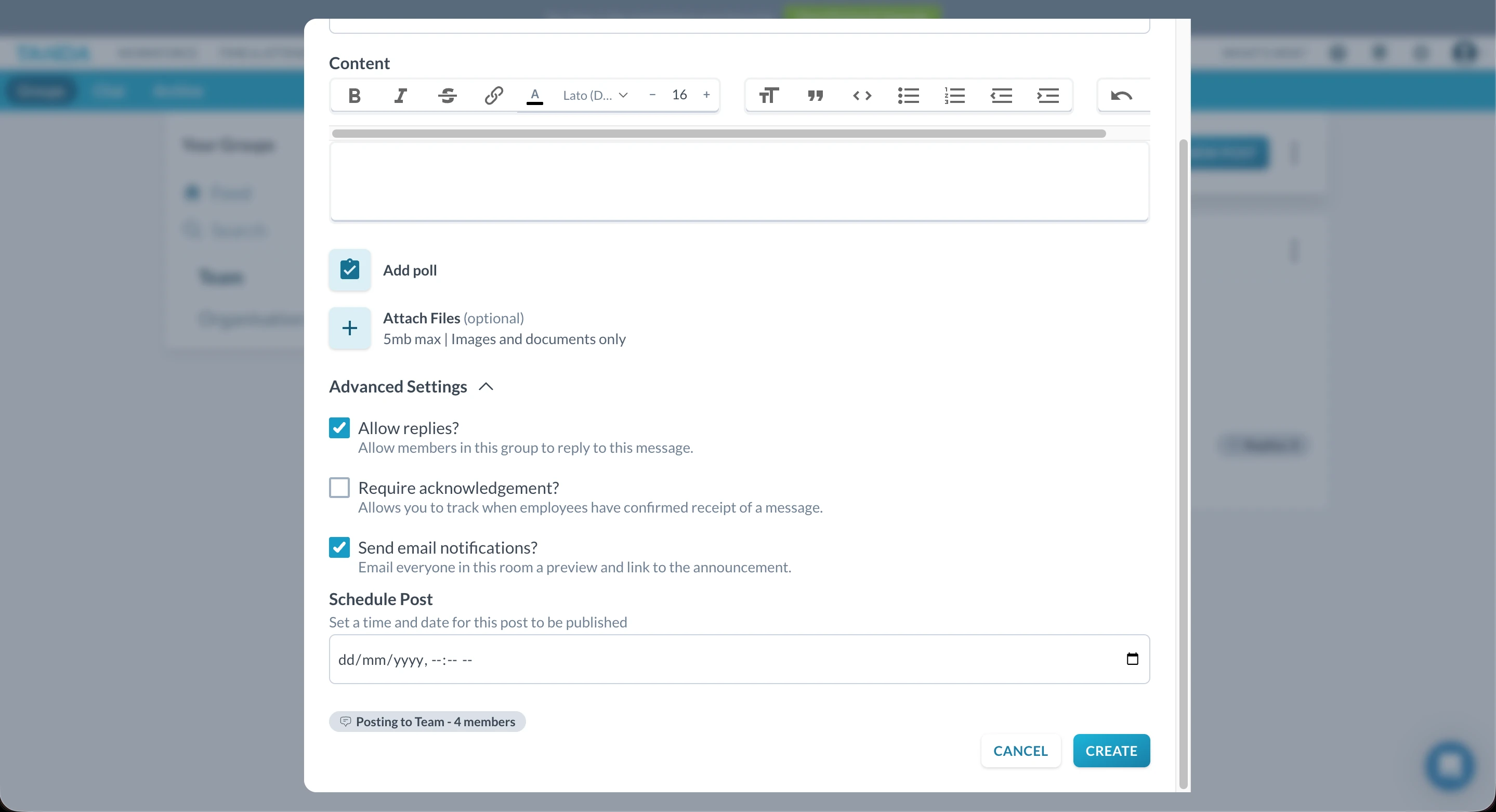 Advanced post settings showing visibility and notification options