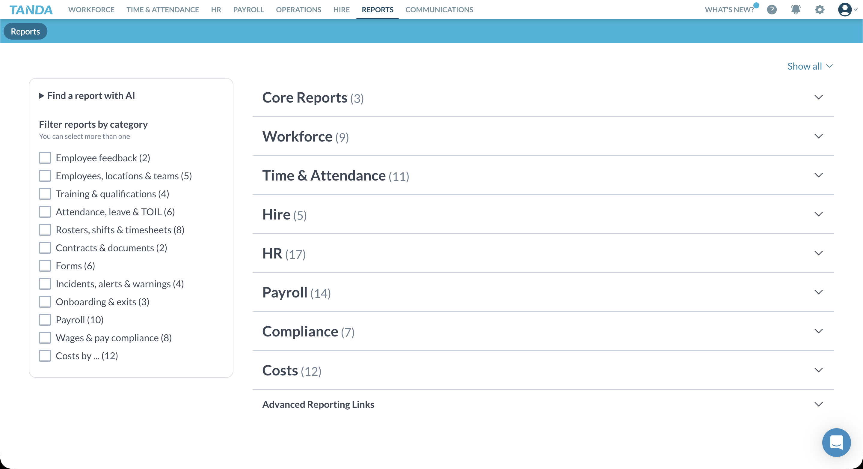 Tanda reports dashboard with category filters