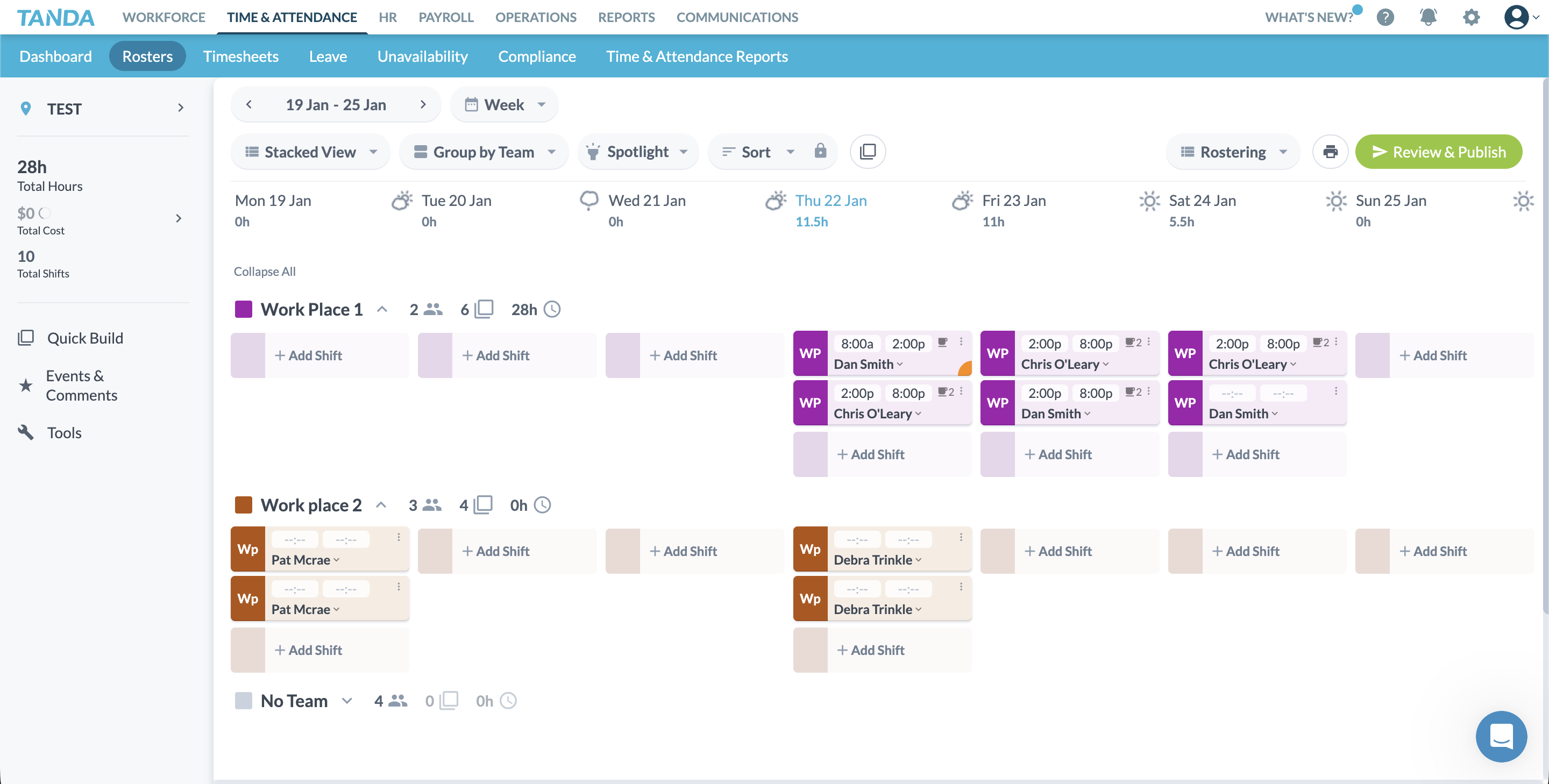 Tanda roster layout showing shifts organised by team across the week