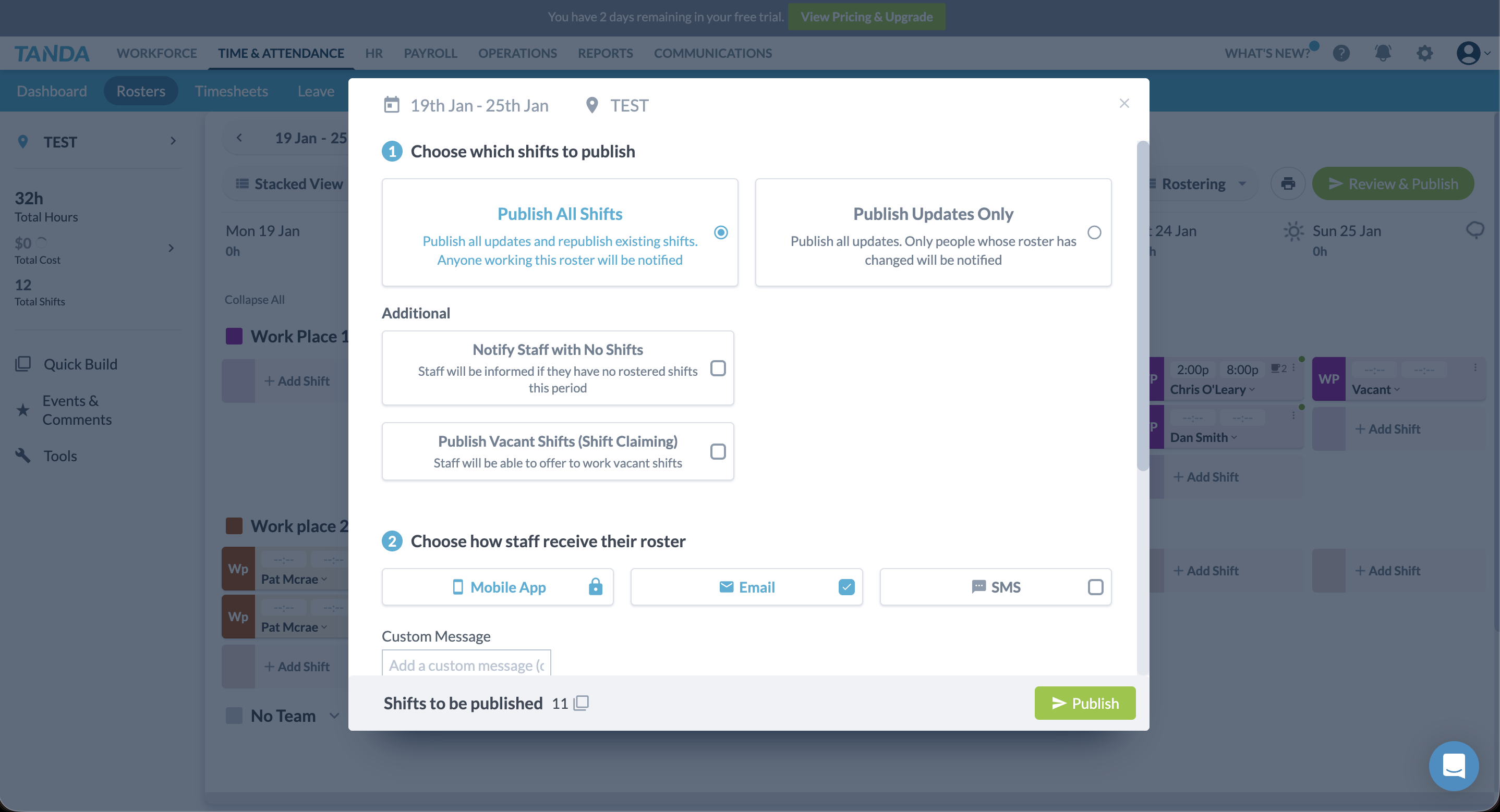 Tanda roster publish modal showing options for publishing shifts and notifying staff