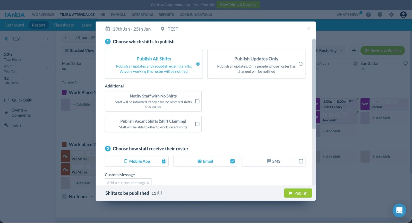 Tanda roster publish modal showing options for publishing shifts and notifying staff