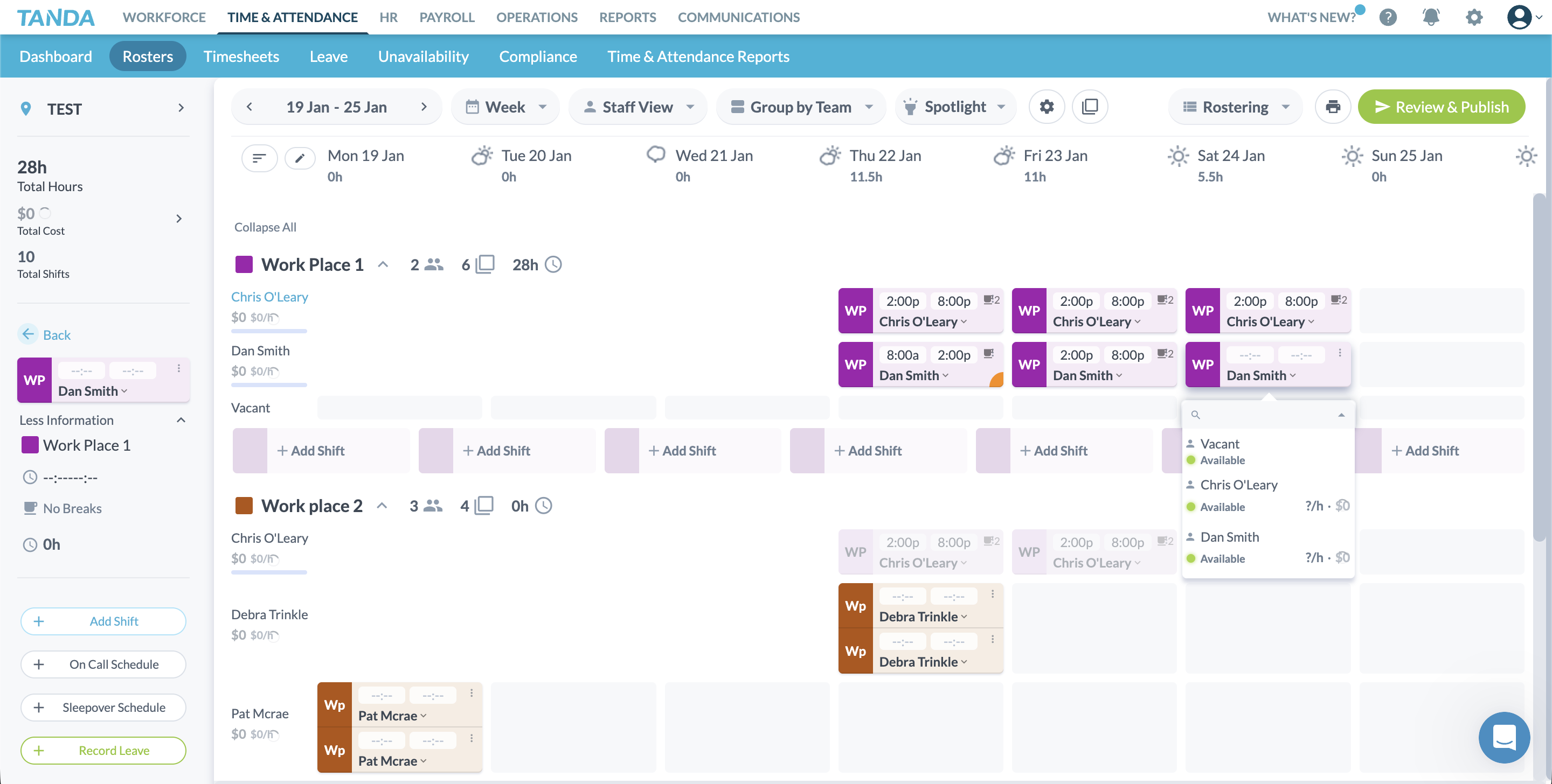 Tanda roster staff view showing shift detail panel with employee assignment options