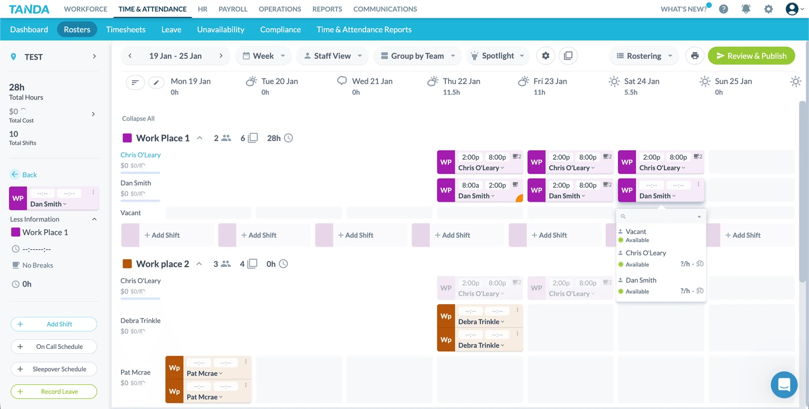 Tanda roster staff view showing shift detail panel with employee assignment options