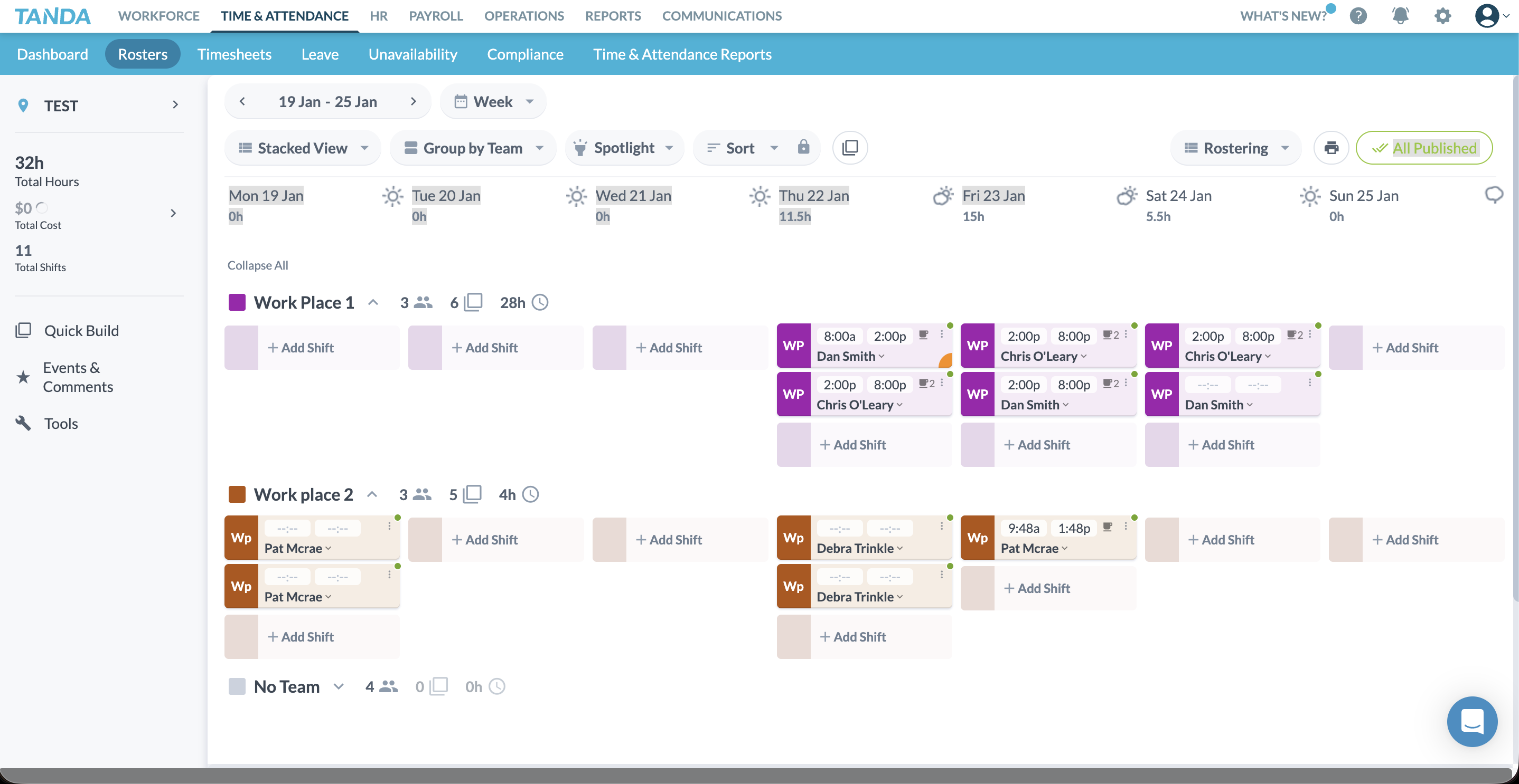 Tanda roster interface showing weekly schedule grouped by team with shift assignments