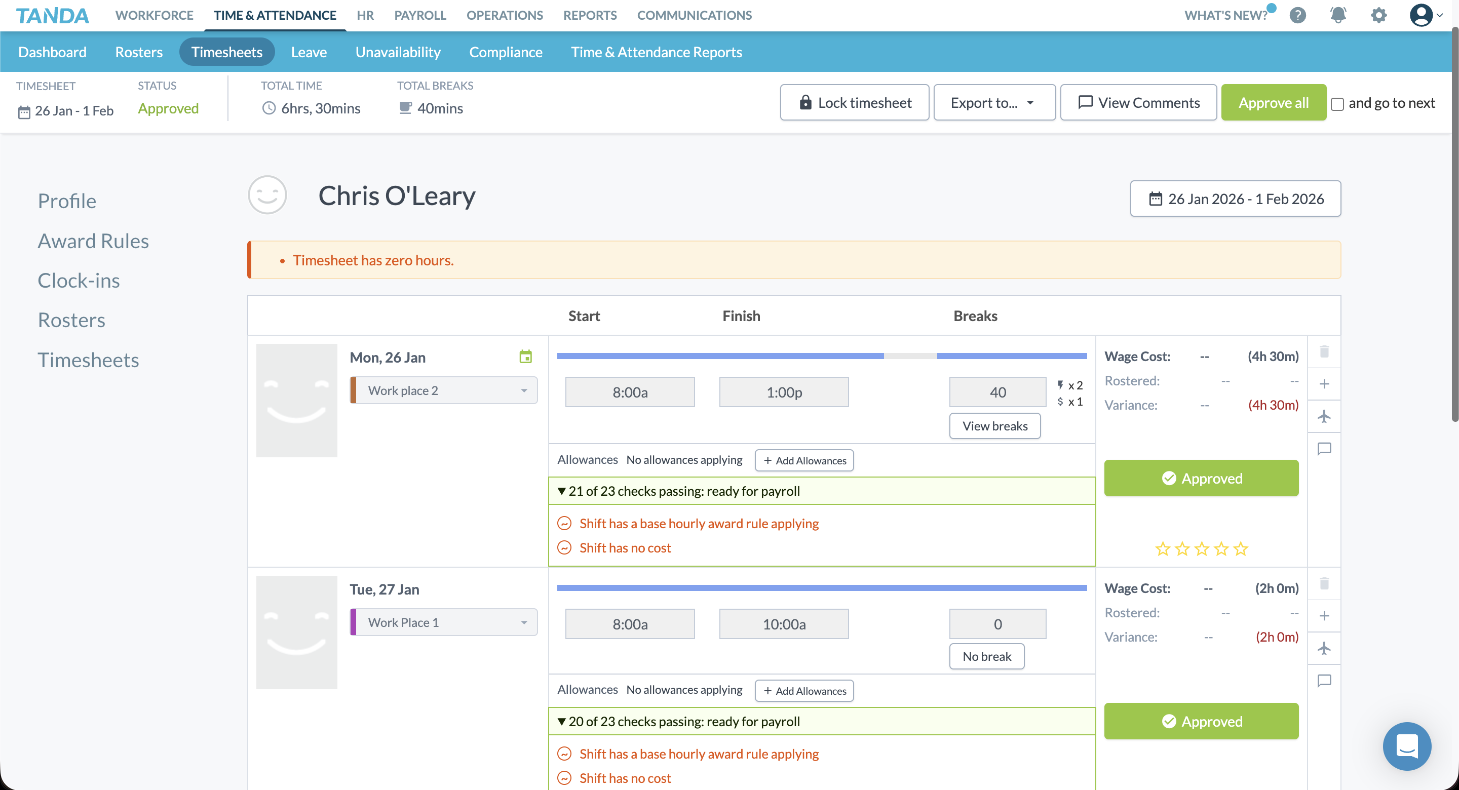 Tanda timesheet approval screen showing shift details with compliance checks