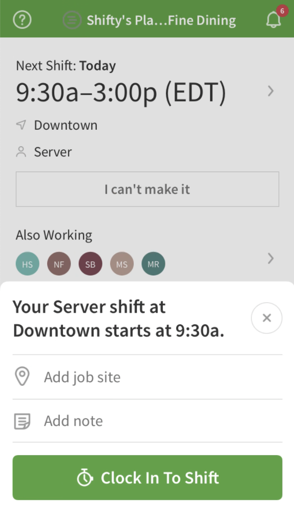 When I Work mobile dashboard with upcoming shift and clock in option