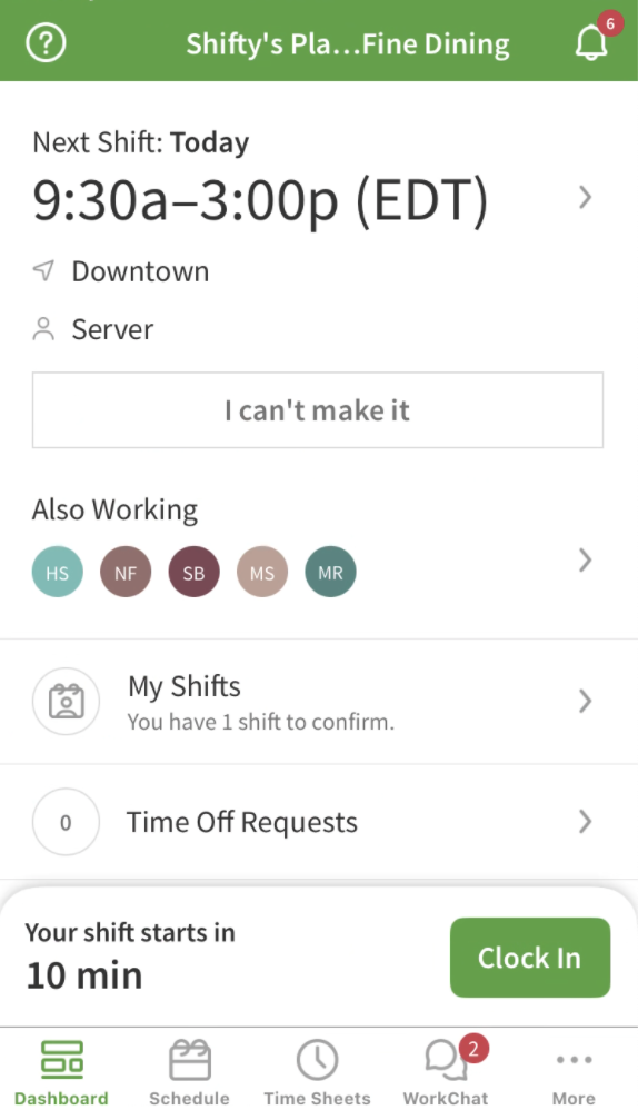 When I Work mobile app showing shift details and clock in button