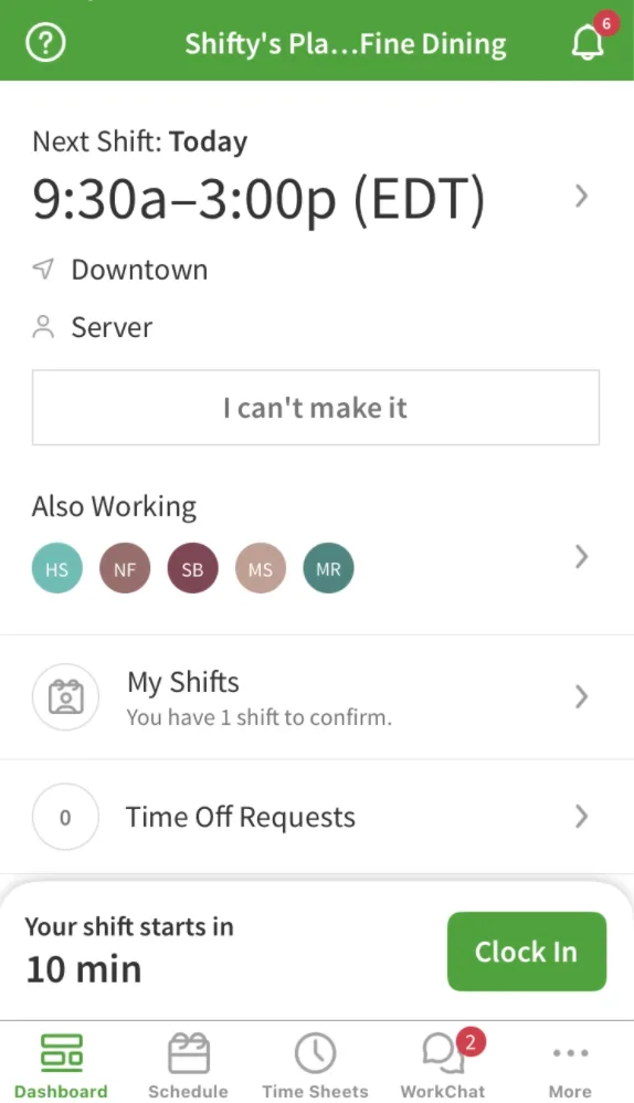 When I Work mobile app showing shift details and clock in button