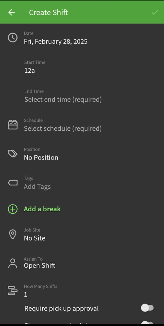 When I Work mobile app create shift screen with date, time, and position options