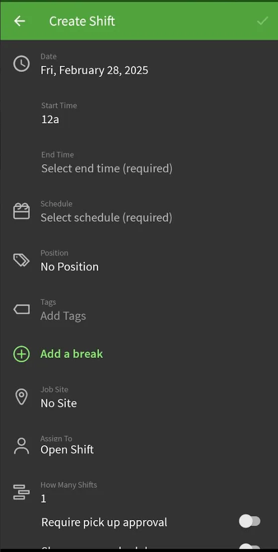 When I Work mobile app create shift screen with date, time, and position options
