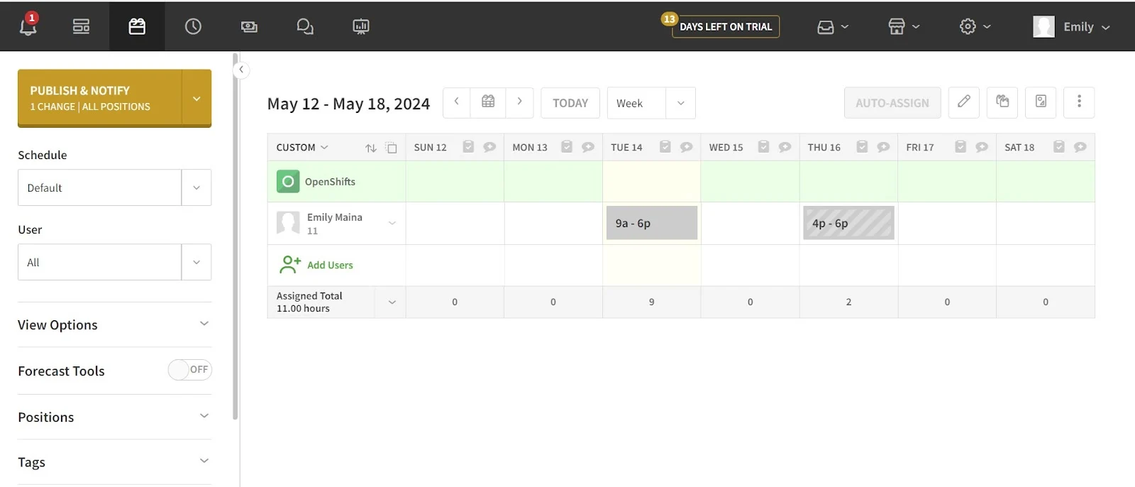 When I Work scheduling interface showing weekly roster view with drag-and-drop functionality