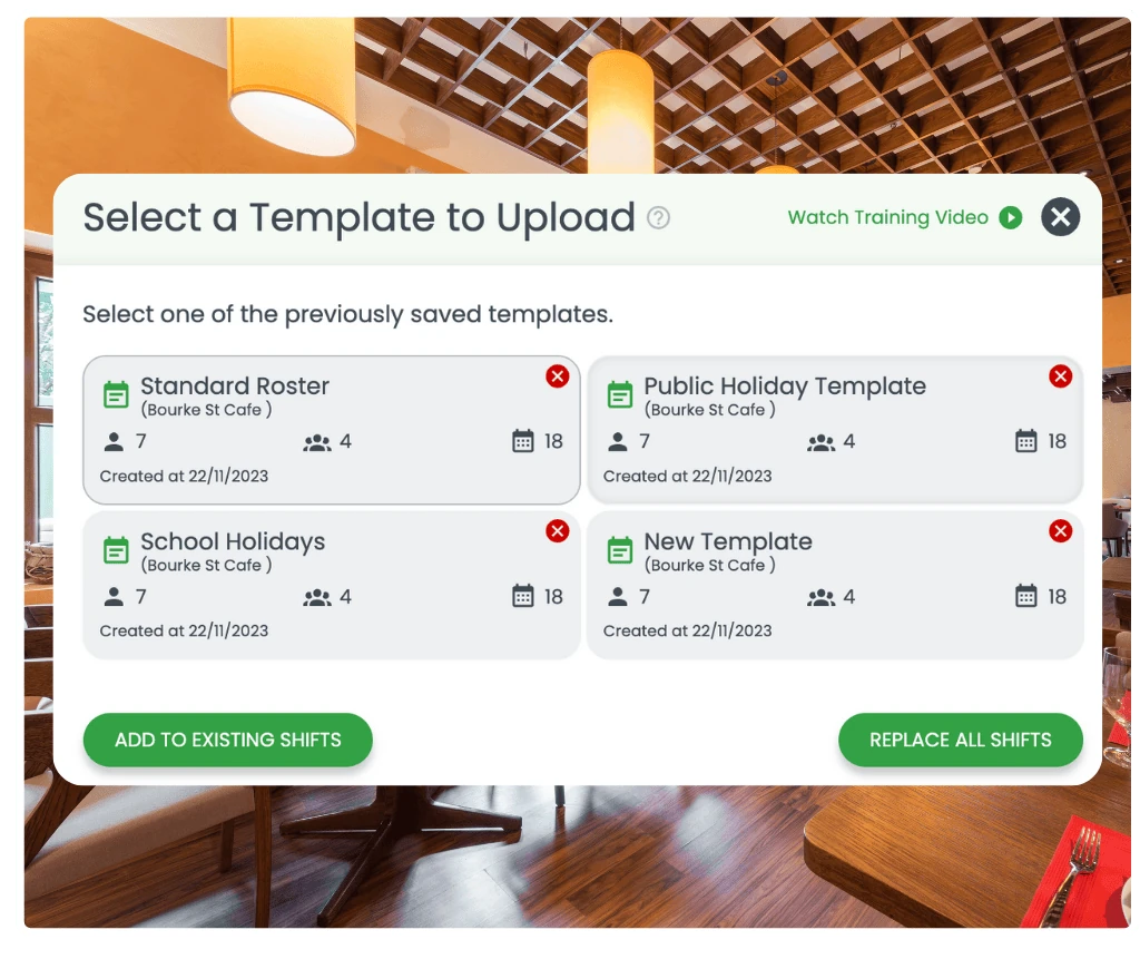 Roster template software showing saved schedule templates