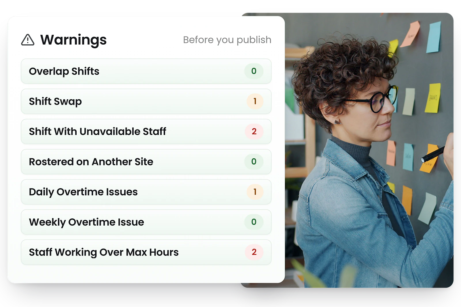 RosterElf listing its pre-publish roster warnings, including staff rostered over their maximum hours