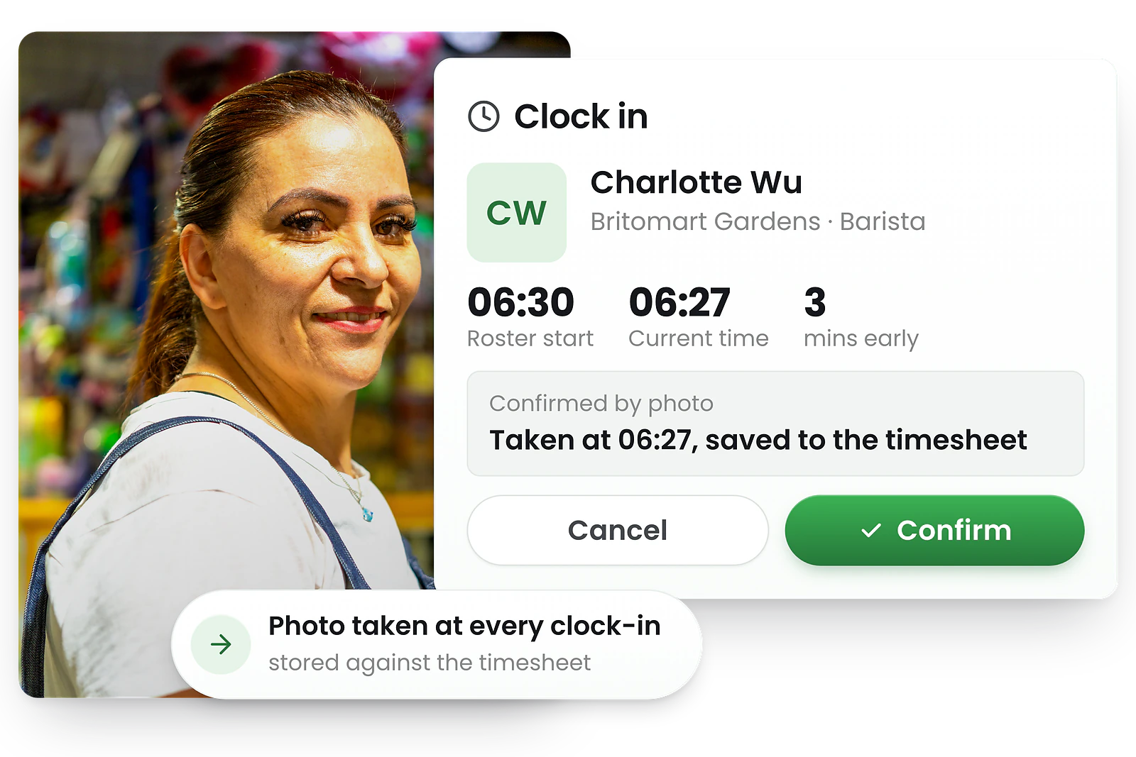 Worker taking selfie photo for clock-in verification on smartphone