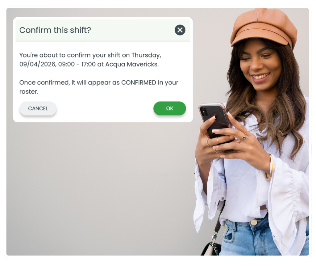 RosterElf shift confirmation mobile app — staff tapping confirm shift on iPhone