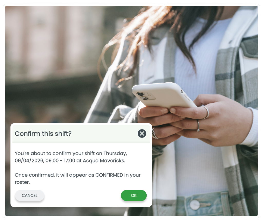 RosterElf shift confirmation — staff confirming a shift on mobile app outdoors