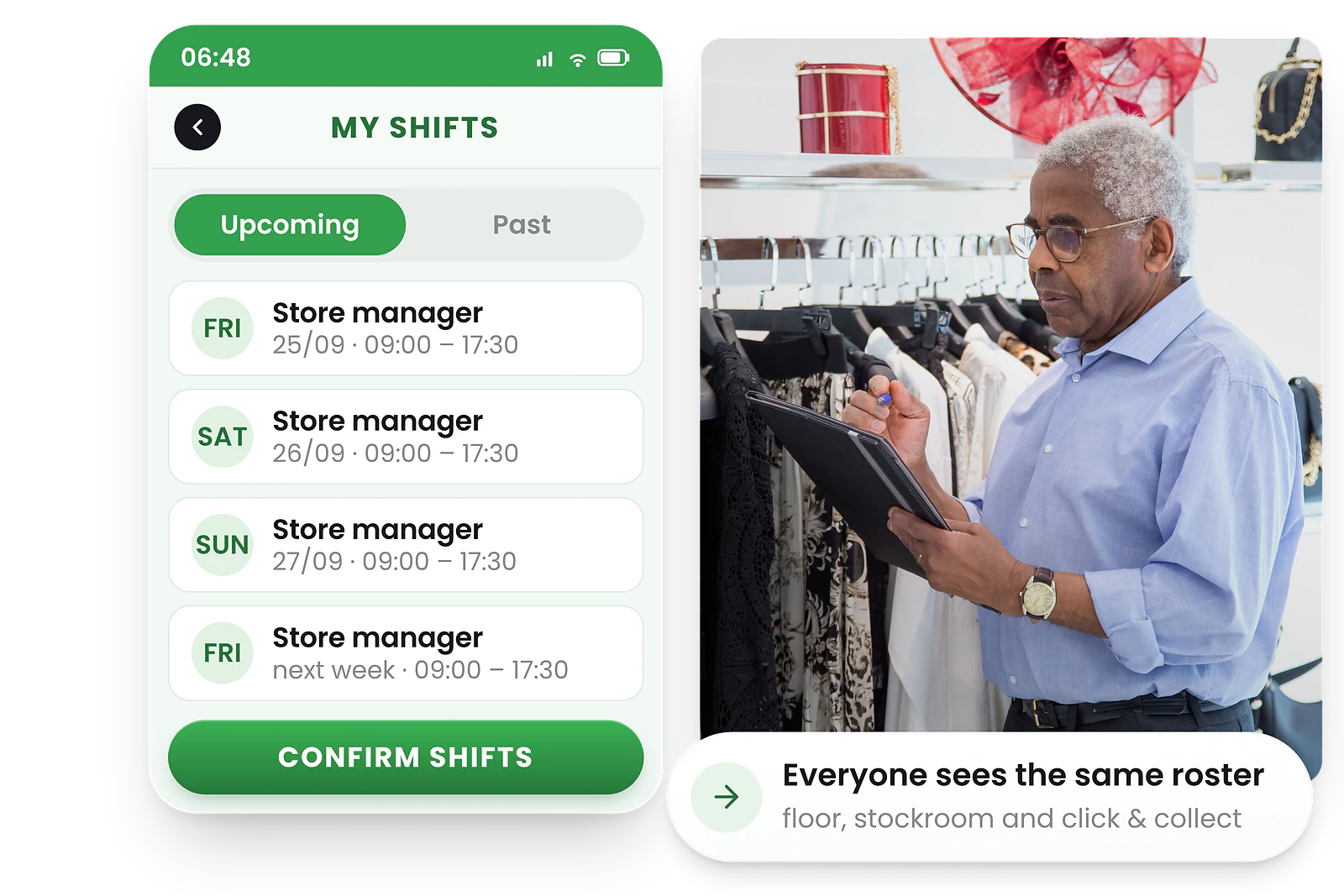RosterElf My shifts screen on a phone listing four upcoming store manager shifts with a Confirm shifts button