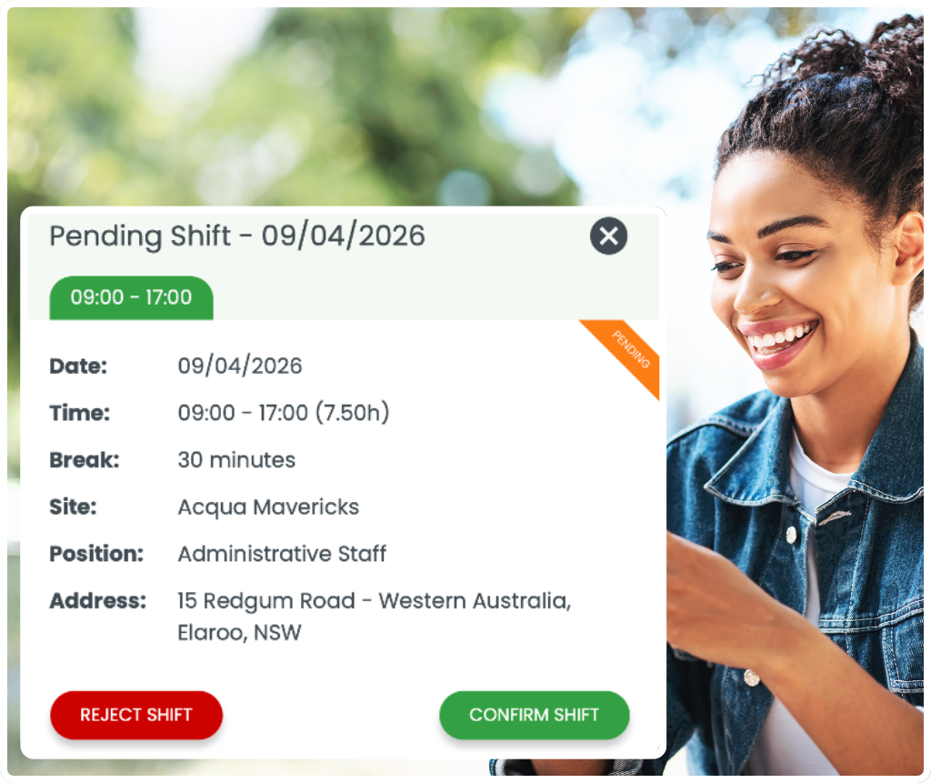 What is shift confirmation in RosterElf — pending shift modal showing reject and confirm buttons