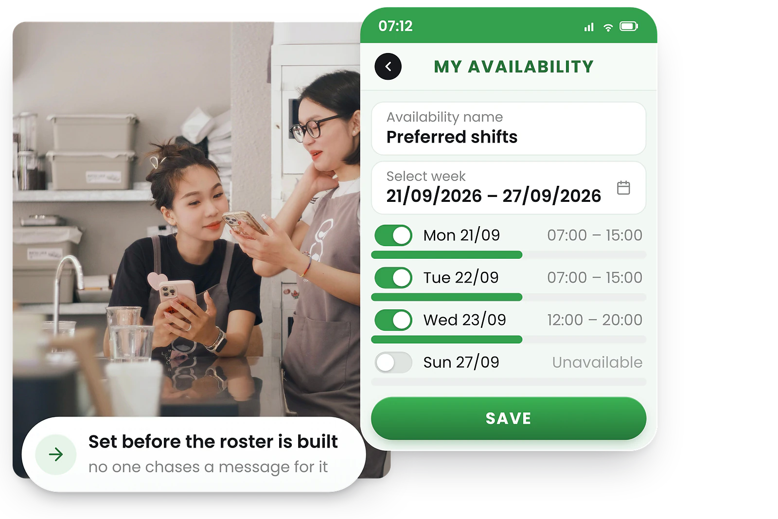 Setting preferred shifts and available days in the RosterElf mobile app