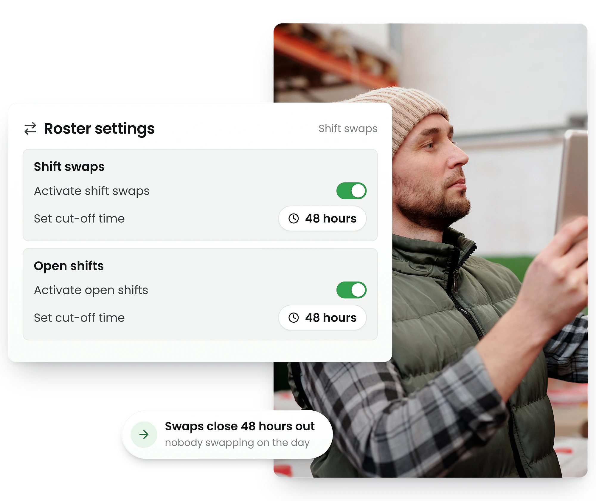RosterElf shift swap settings showing automatic swap configuration