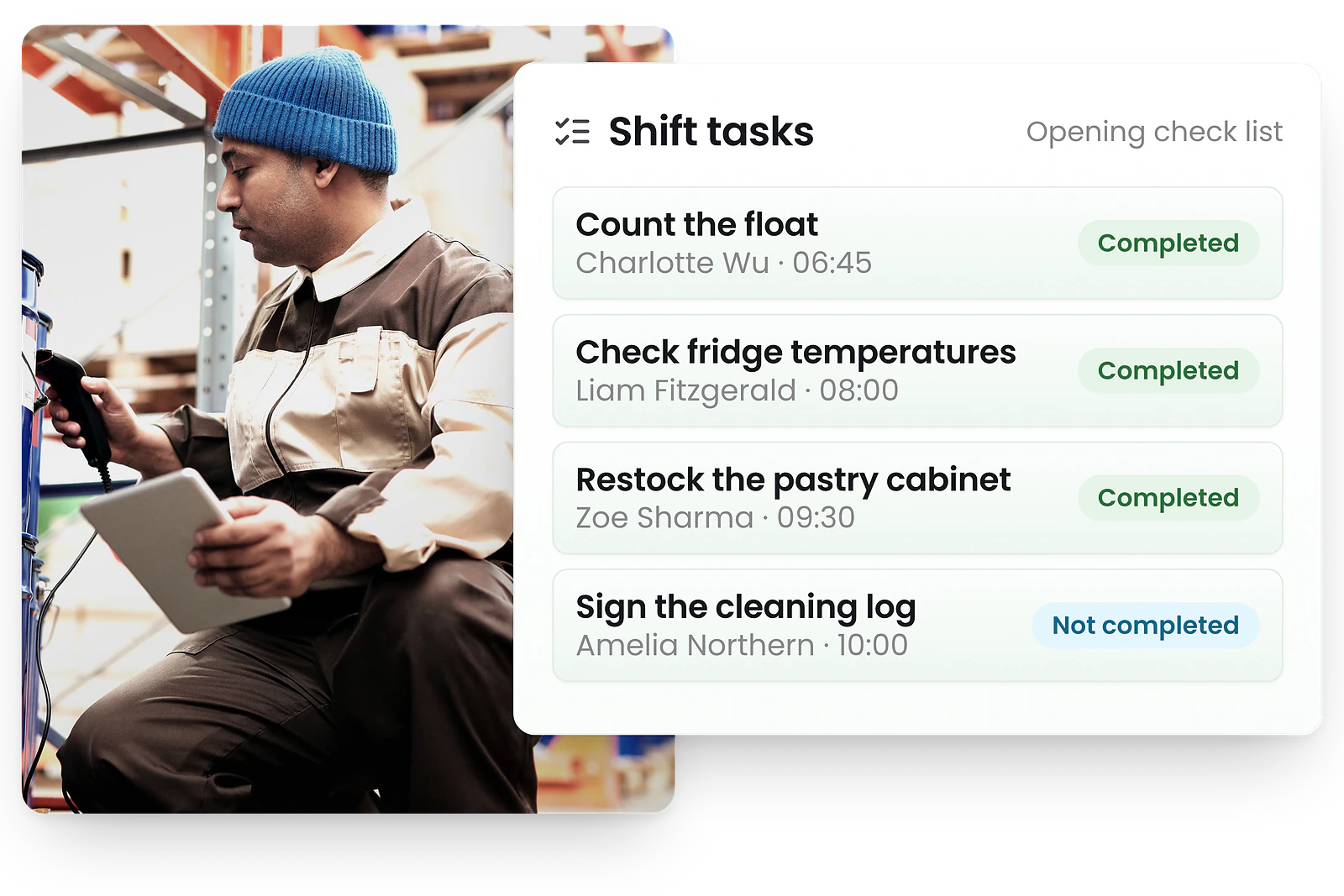 Warehouse worker checking a shift task list on a tablet