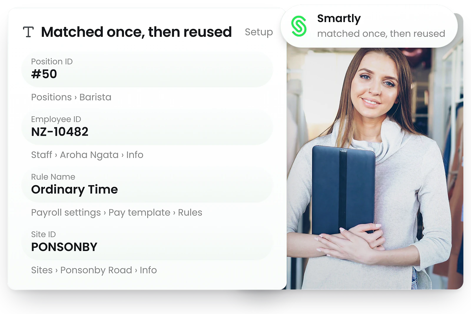 Position ID, Employee ID, Rule Name and Site ID in RosterElf, each shown with the screen it is set on