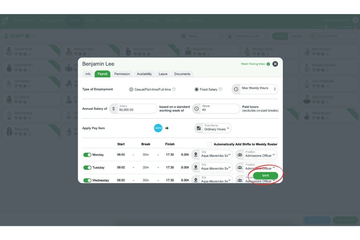 Screenshot showing the Xero Pay Item selection for salary staff.