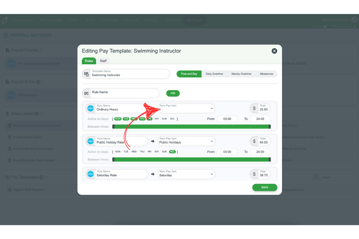 Screenshot of multiple tabs within a pay template.