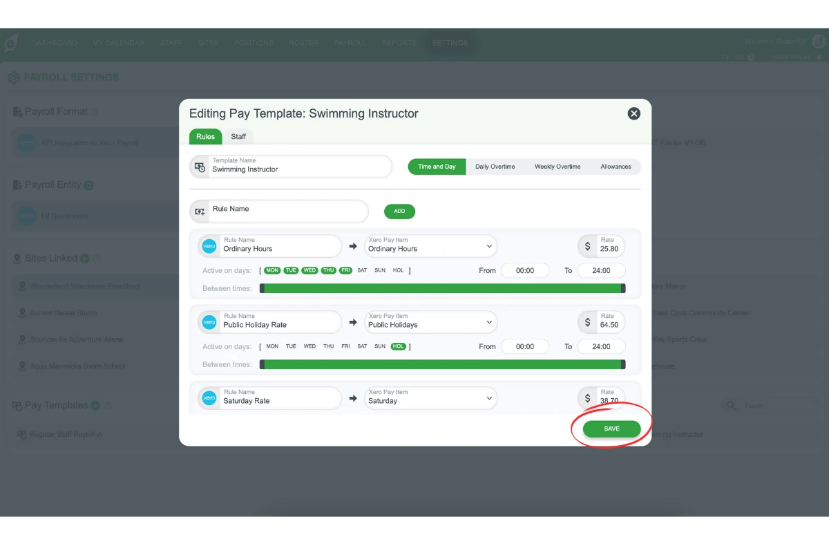 Screenshot indicating where to save Pay Template changes.