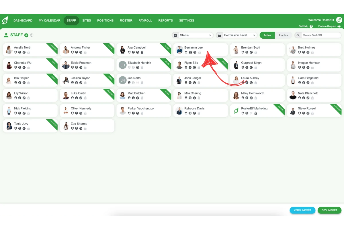 Screenshot of the RosterElf staff tab.